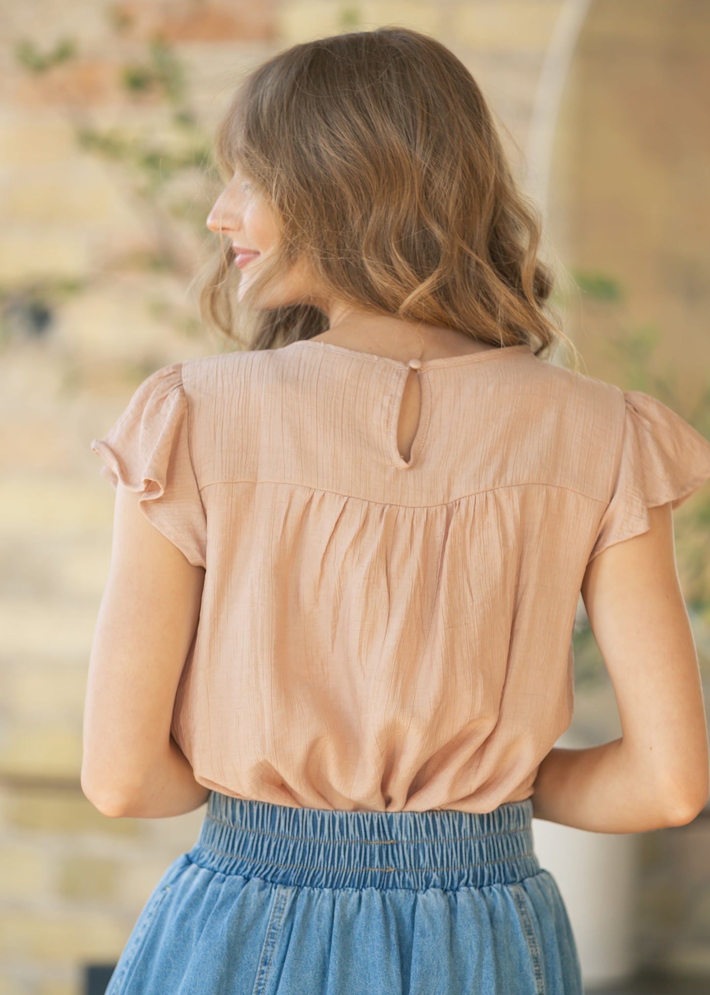 Blush Ladder Lace Flounce Sleeve Top
