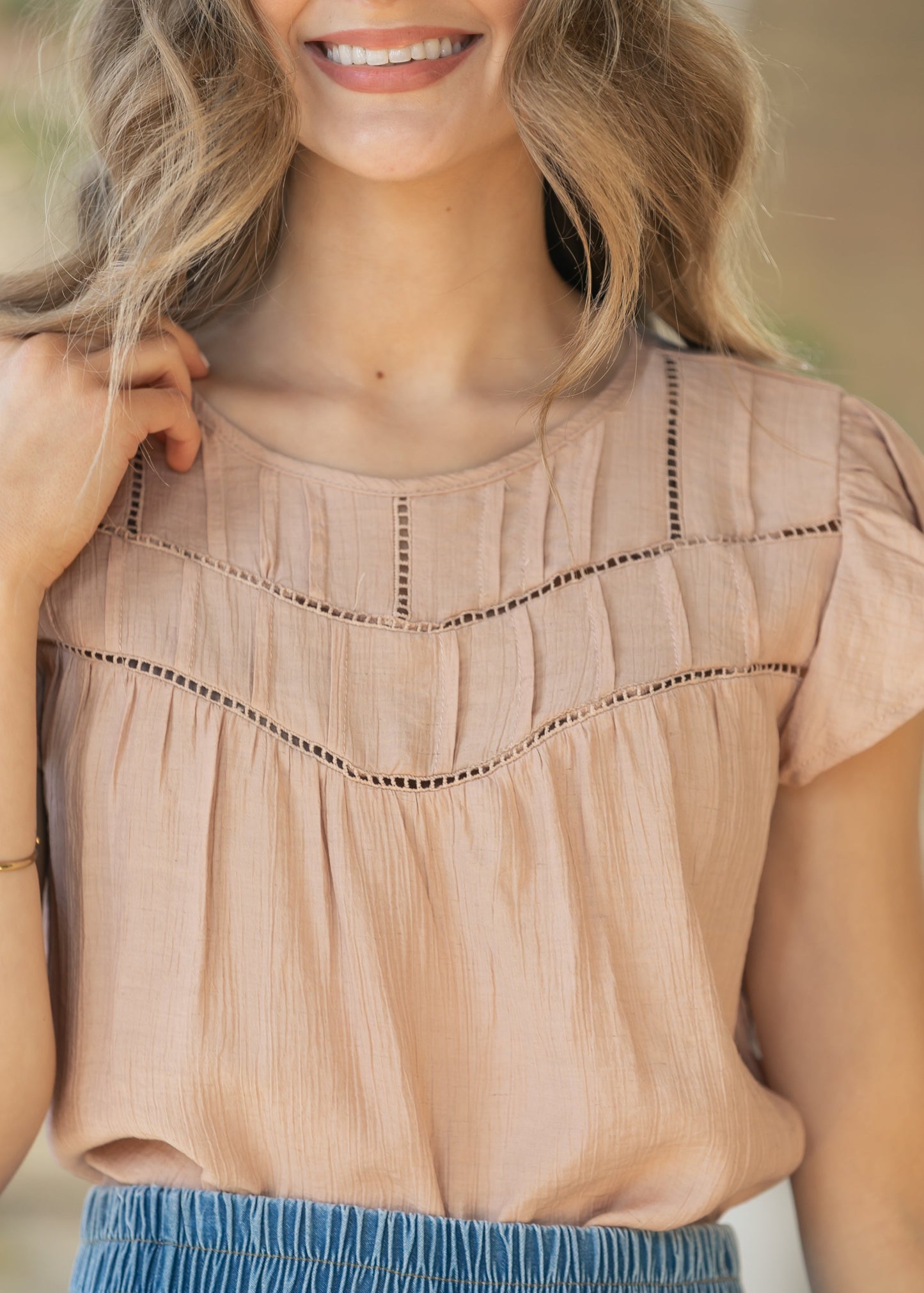 Blush Ladder Lace Flounce Sleeve Top
