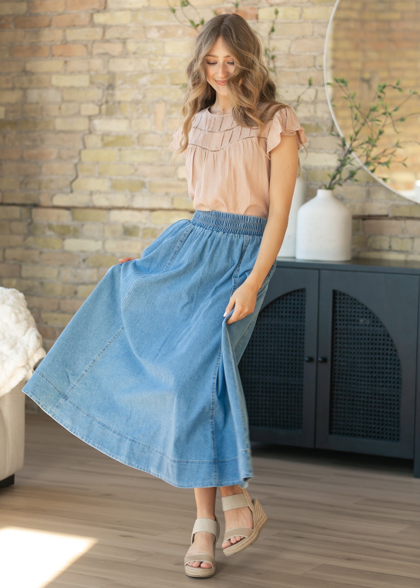 Blush Ladder Lace Flounce Sleeve Top