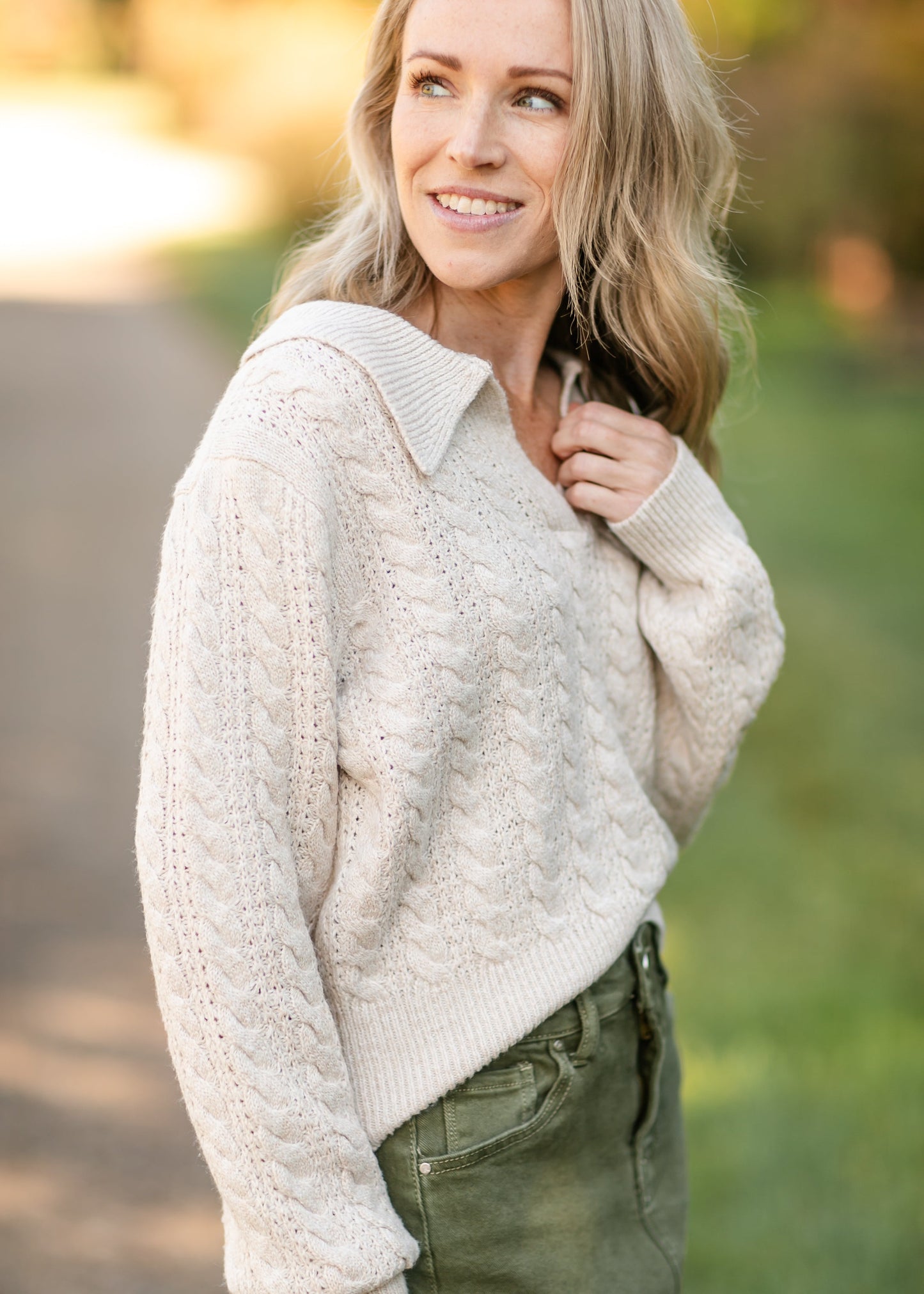 Blythe Cable Knit Polo Heather Oat Sweater - FINAL SALE