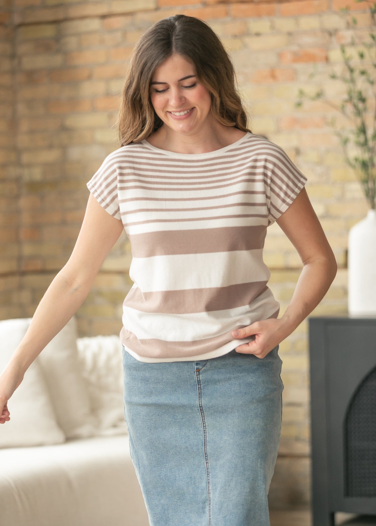 Boat Neck Cap Sleeve Stripe Top