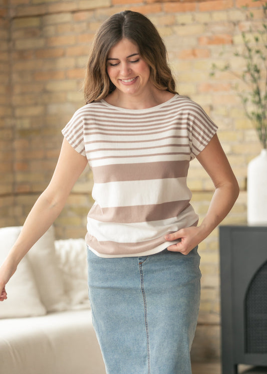 Boat Neck Cap Sleeve Stripe Top
