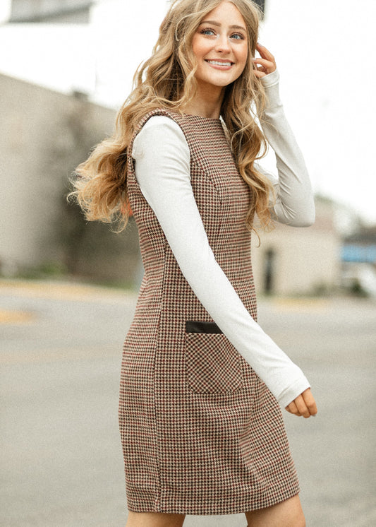 Boat Neck Sleeveless Houndstooth Midi Dress - FINAL SALE
