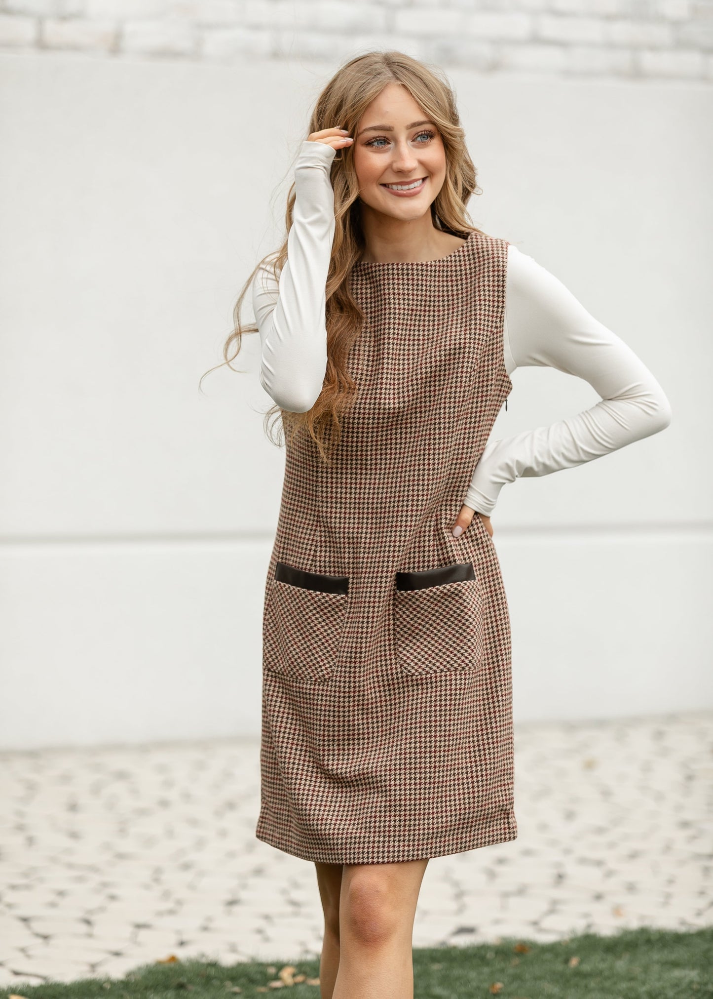 Boat Neck Sleeveless Houndstooth Midi Dress - FINAL SALE