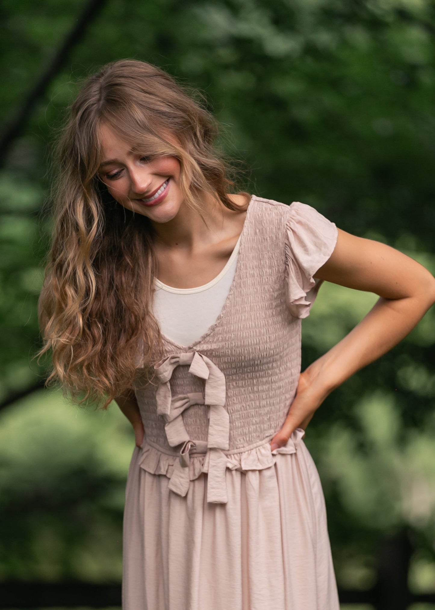 Bow Detail Smocked Midi Dress - FINAL SALE