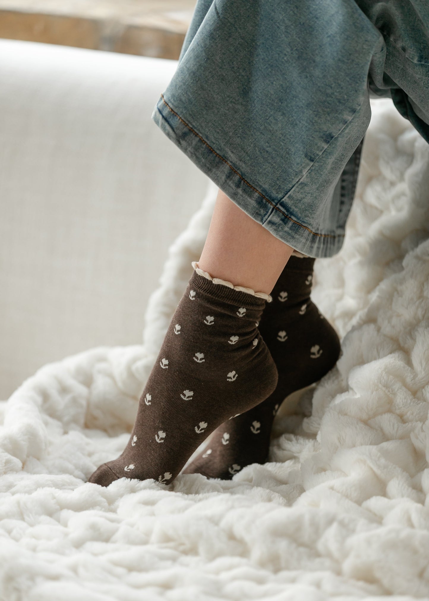 Brown Crew Floral Cotton Sock