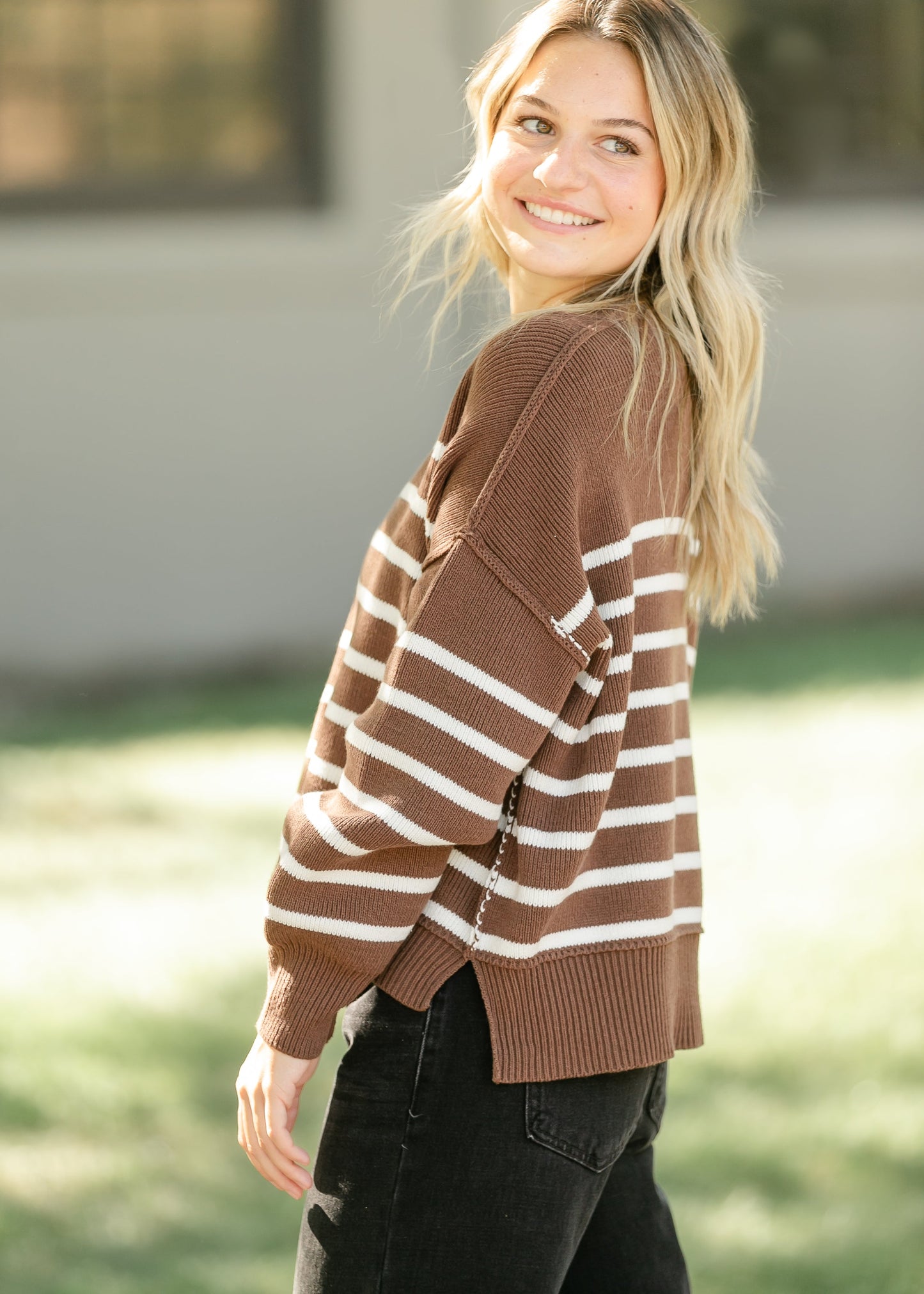 Brown Striped Crewneck Knit Sweater - FINAL SALE