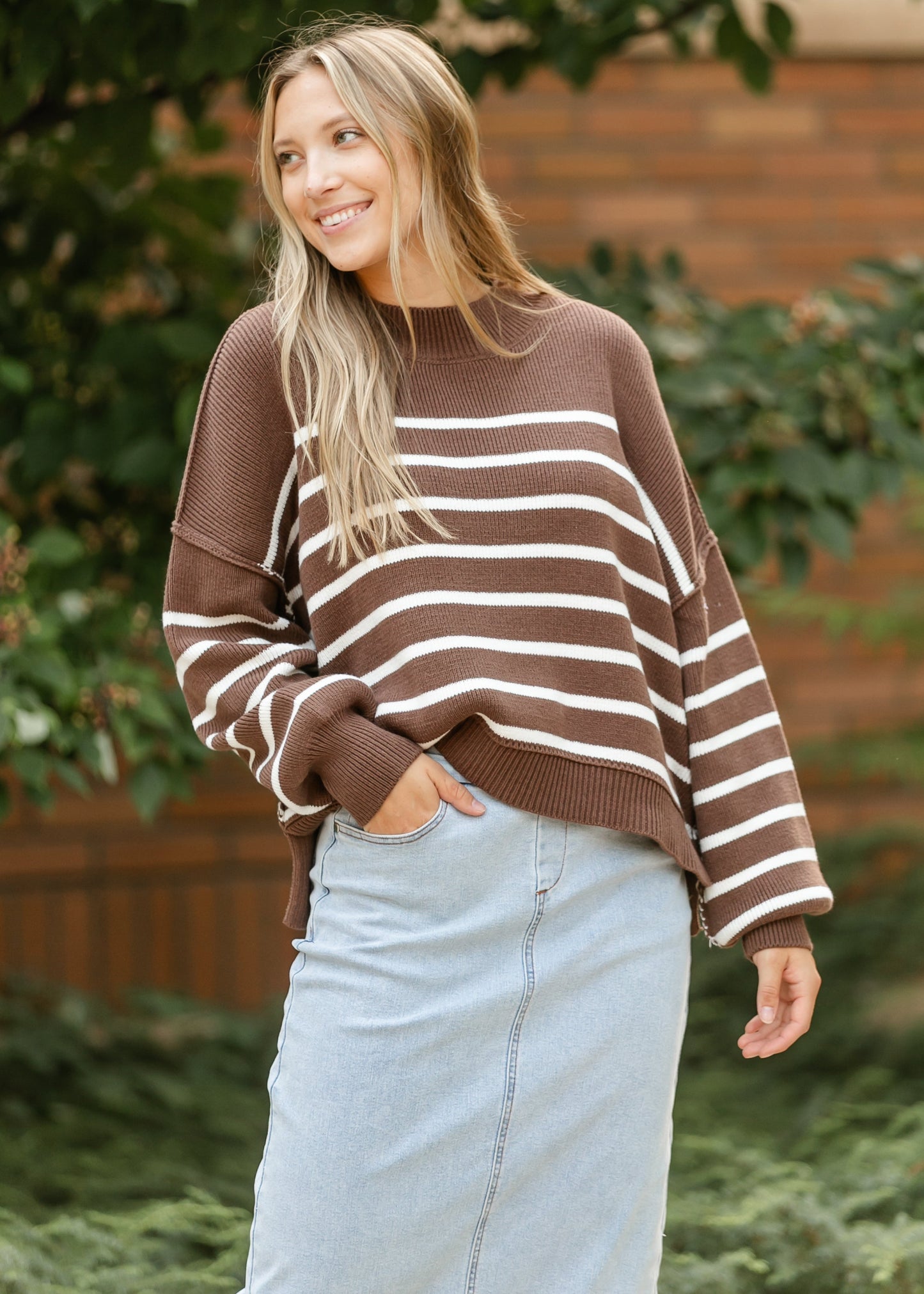 Brown Striped Crewneck Knit Sweater - FINAL SALE