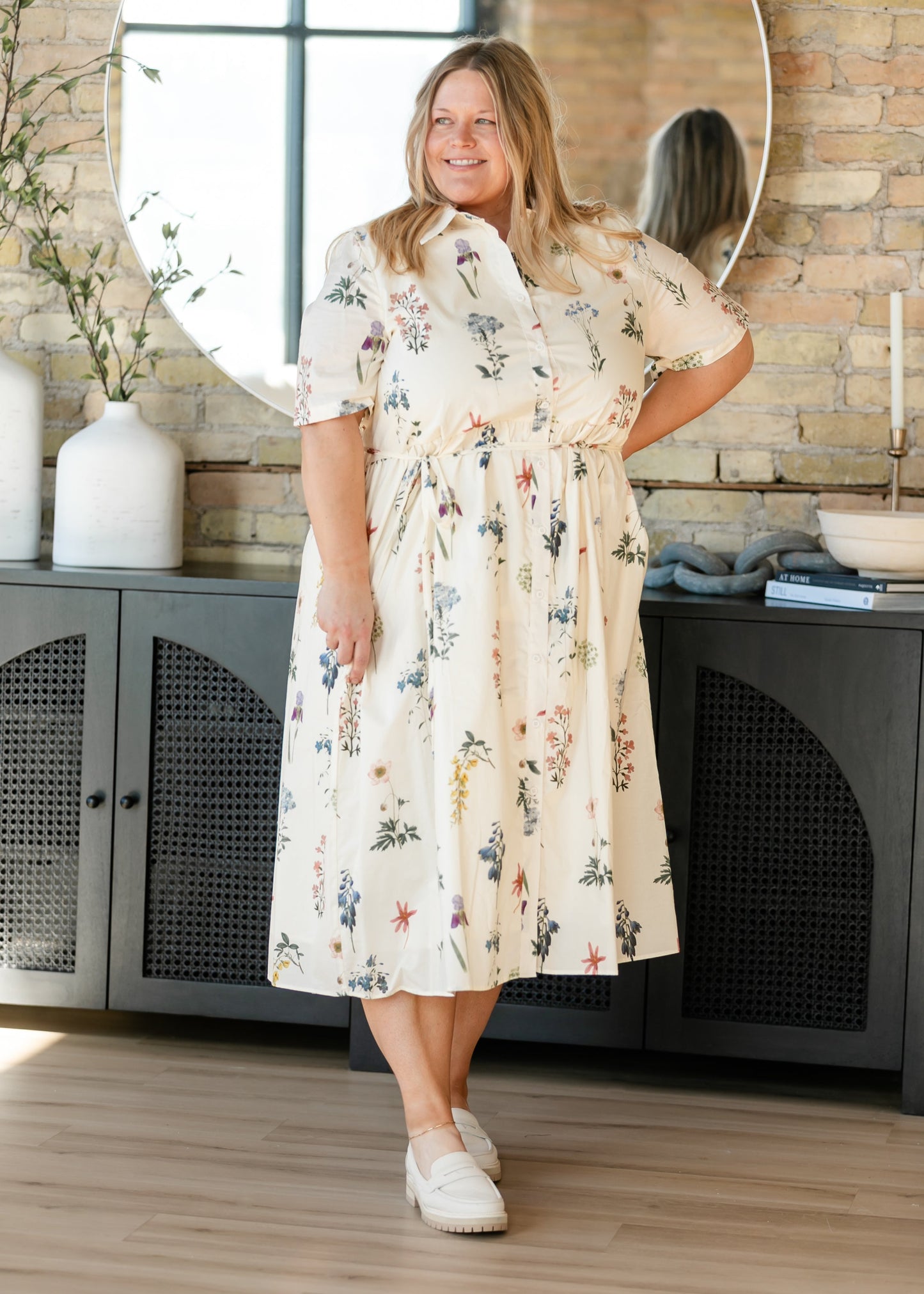 Button Down Floral Tie Waist Midi Dress