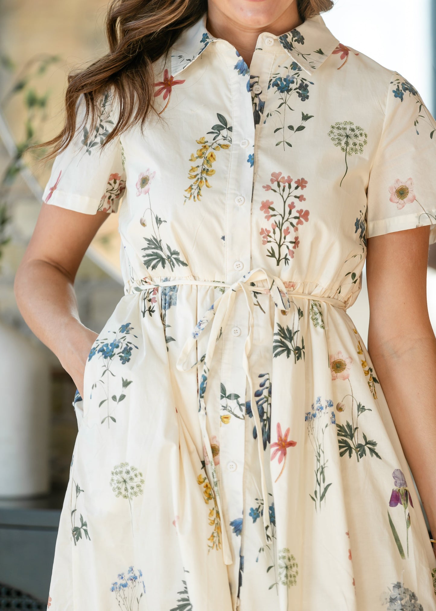 Button Down Floral Tie Waist Midi Dress