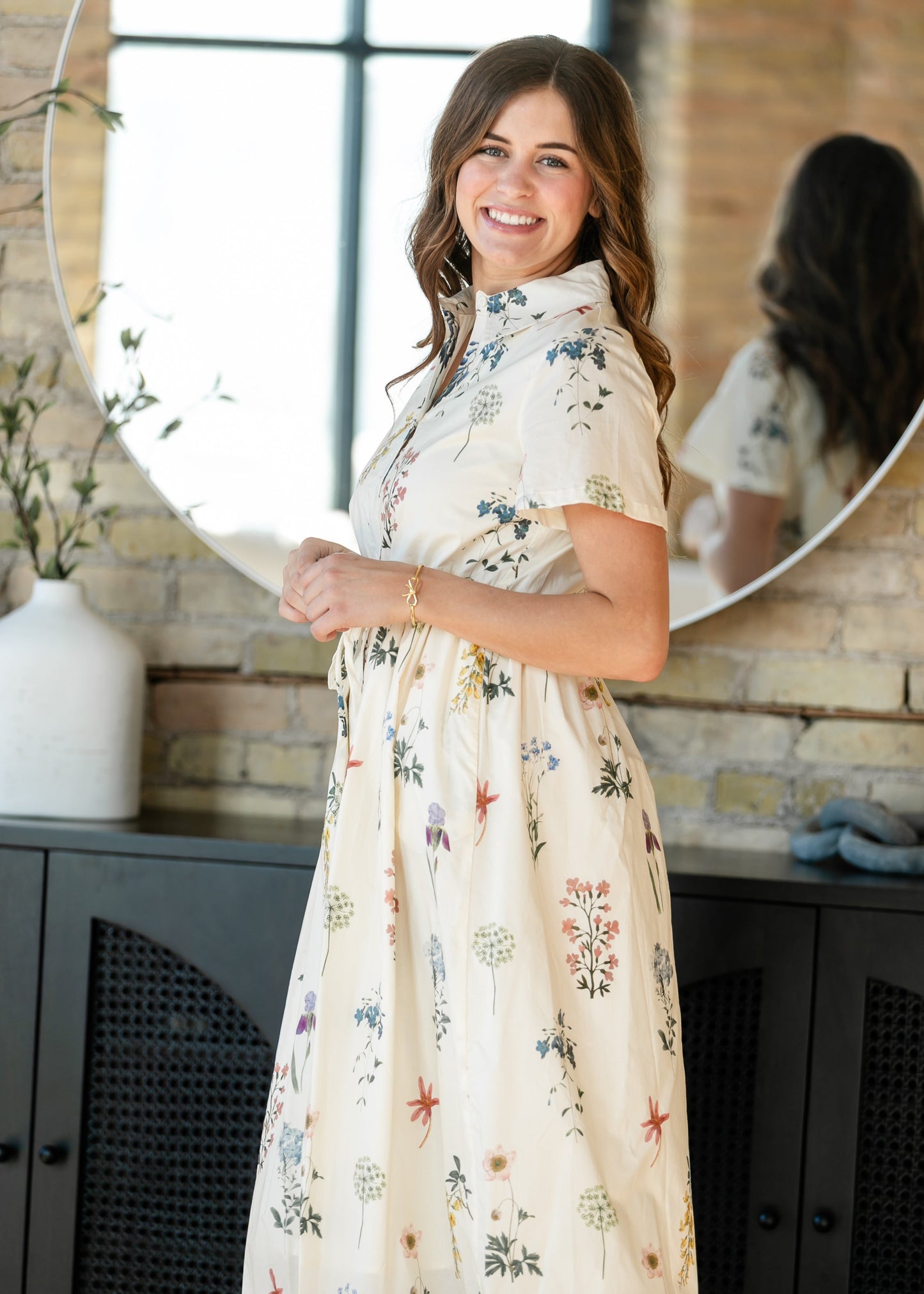 Button Down Floral Tie Waist Midi Dress