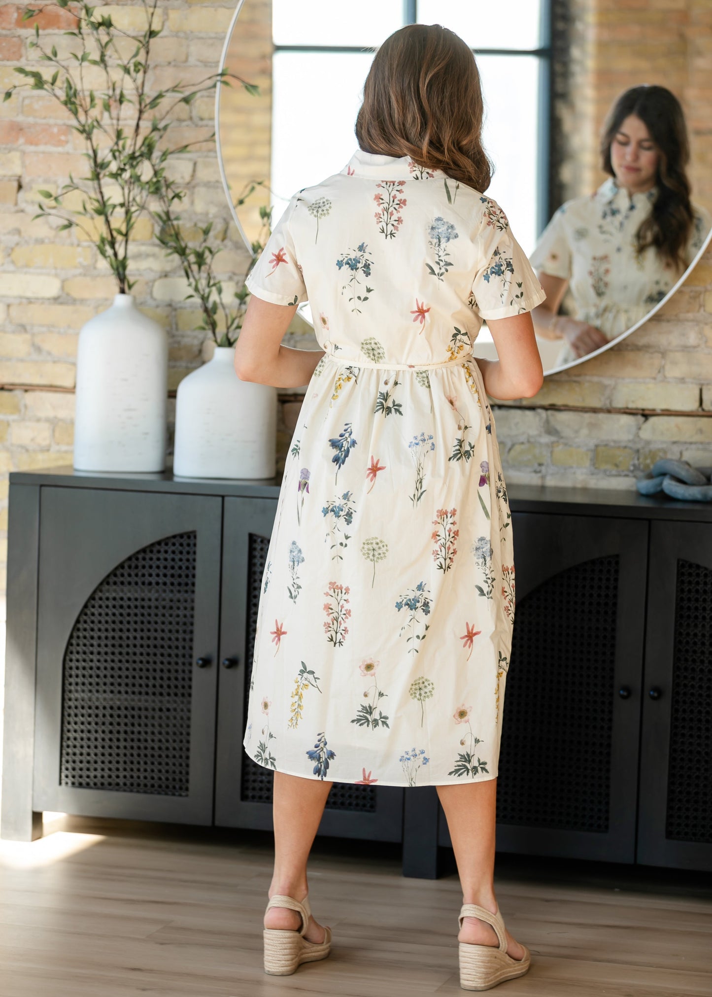 Button Down Floral Tie Waist Midi Dress