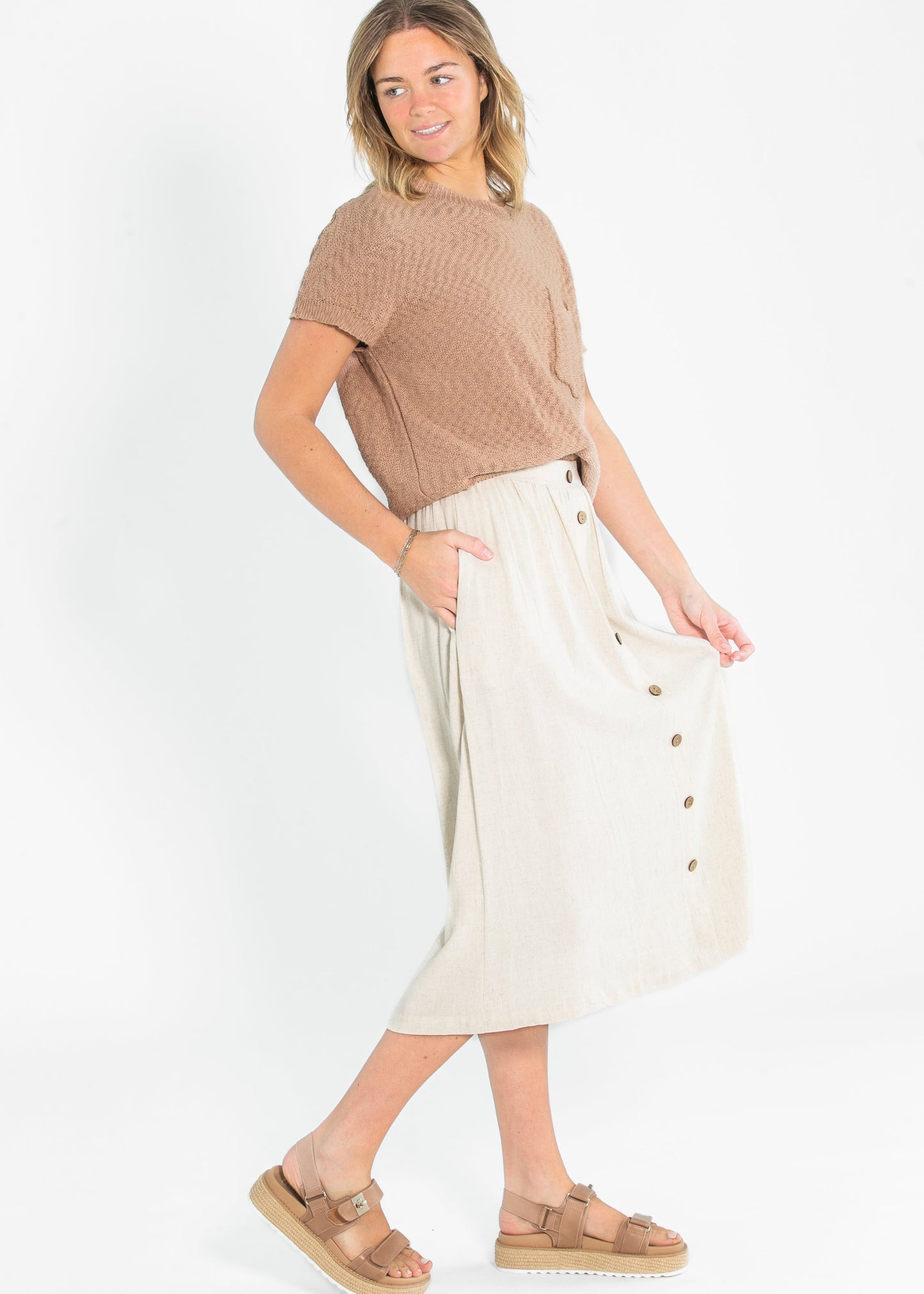 Button Down Linen Blend Midi Skirt - FINAL SALE