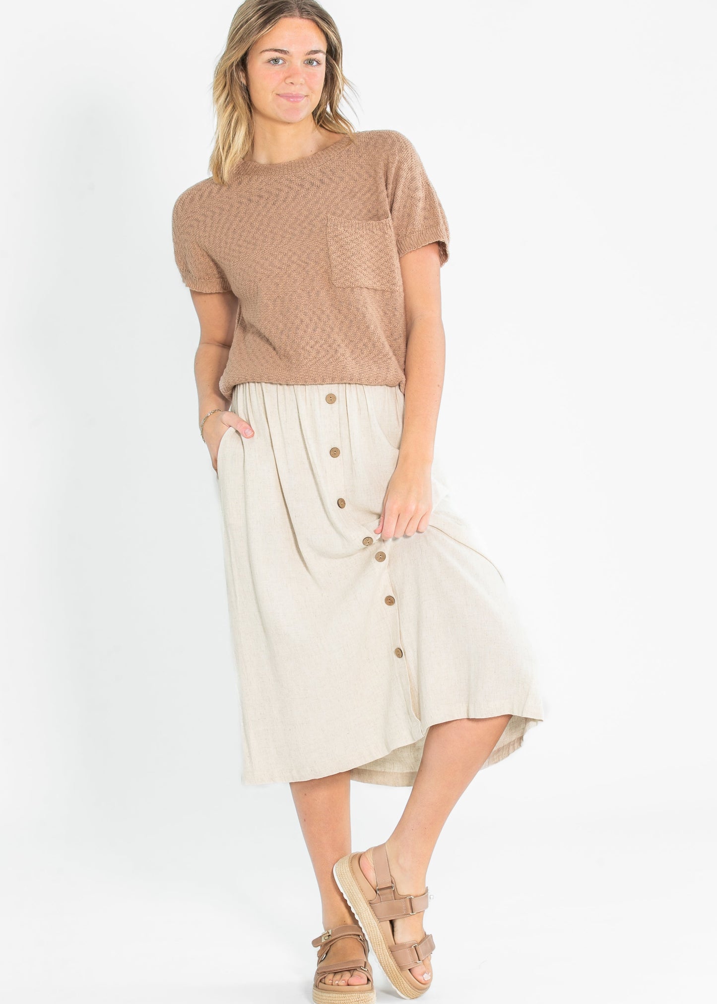 Button Down Linen Blend Midi Skirt - FINAL SALE