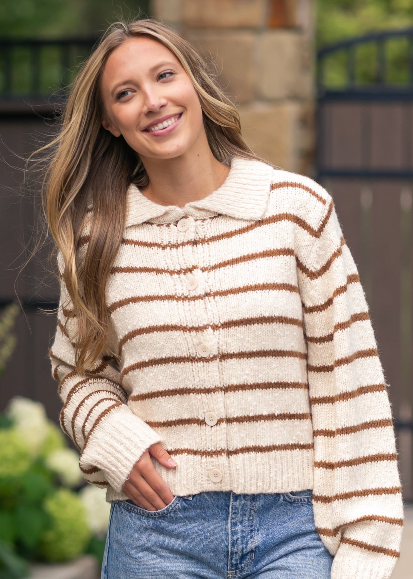 Button Front Striped Collared Cardigan - FINAL SALE