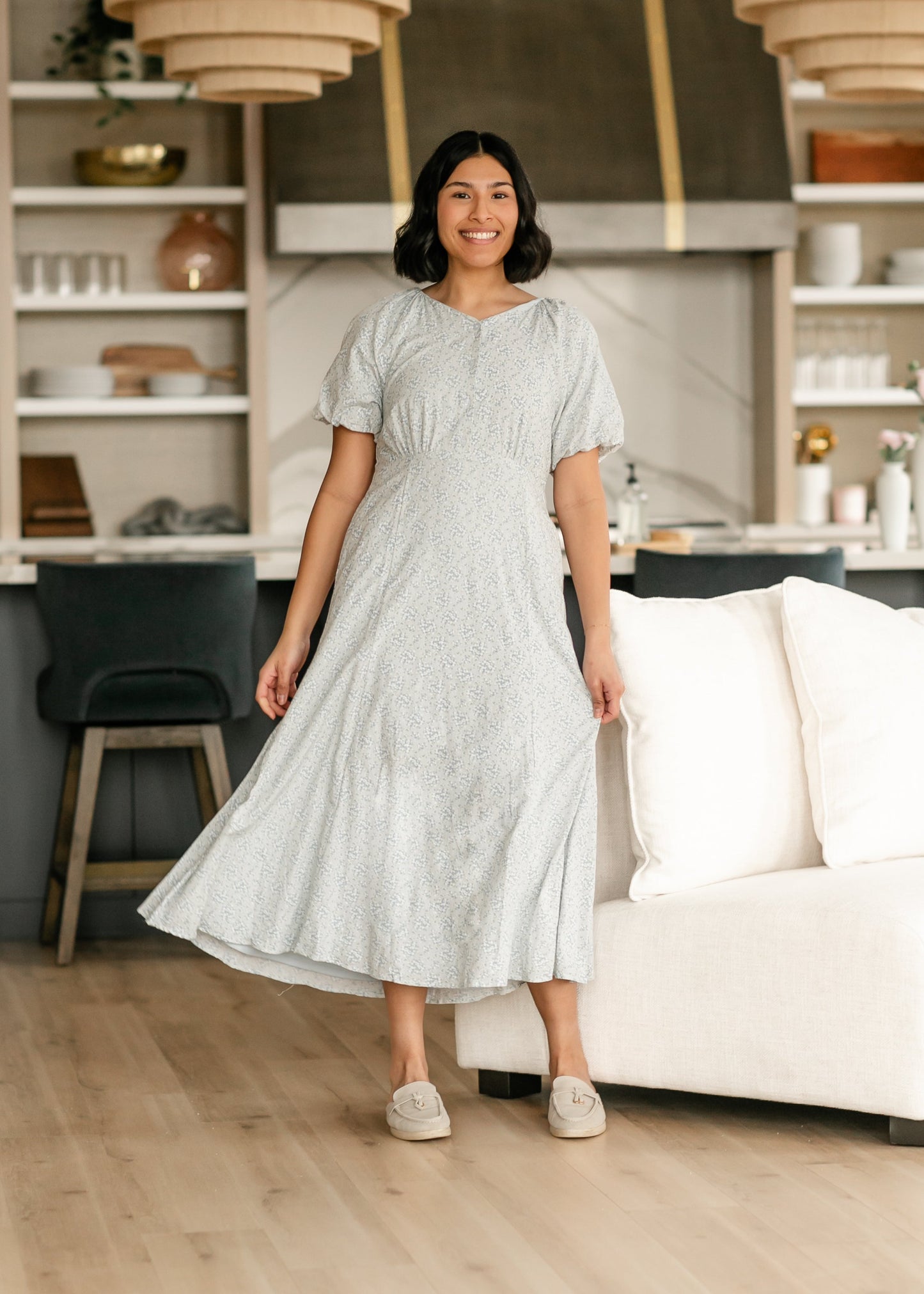 Button Up Puff Sleeve Blue Floral Dress - FINAL SALE