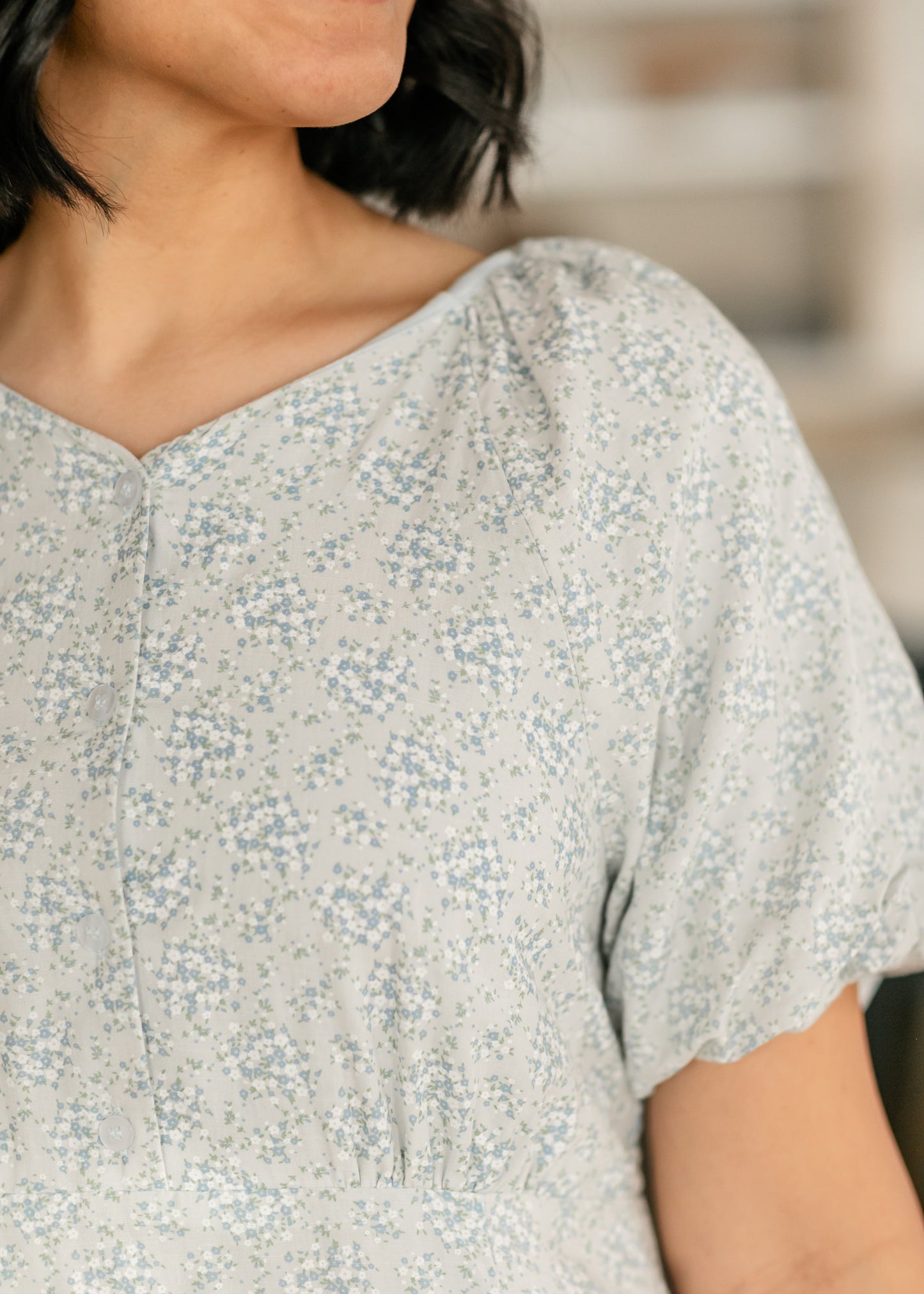 Button Up Puff Sleeve Blue Floral Dress - FINAL SALE