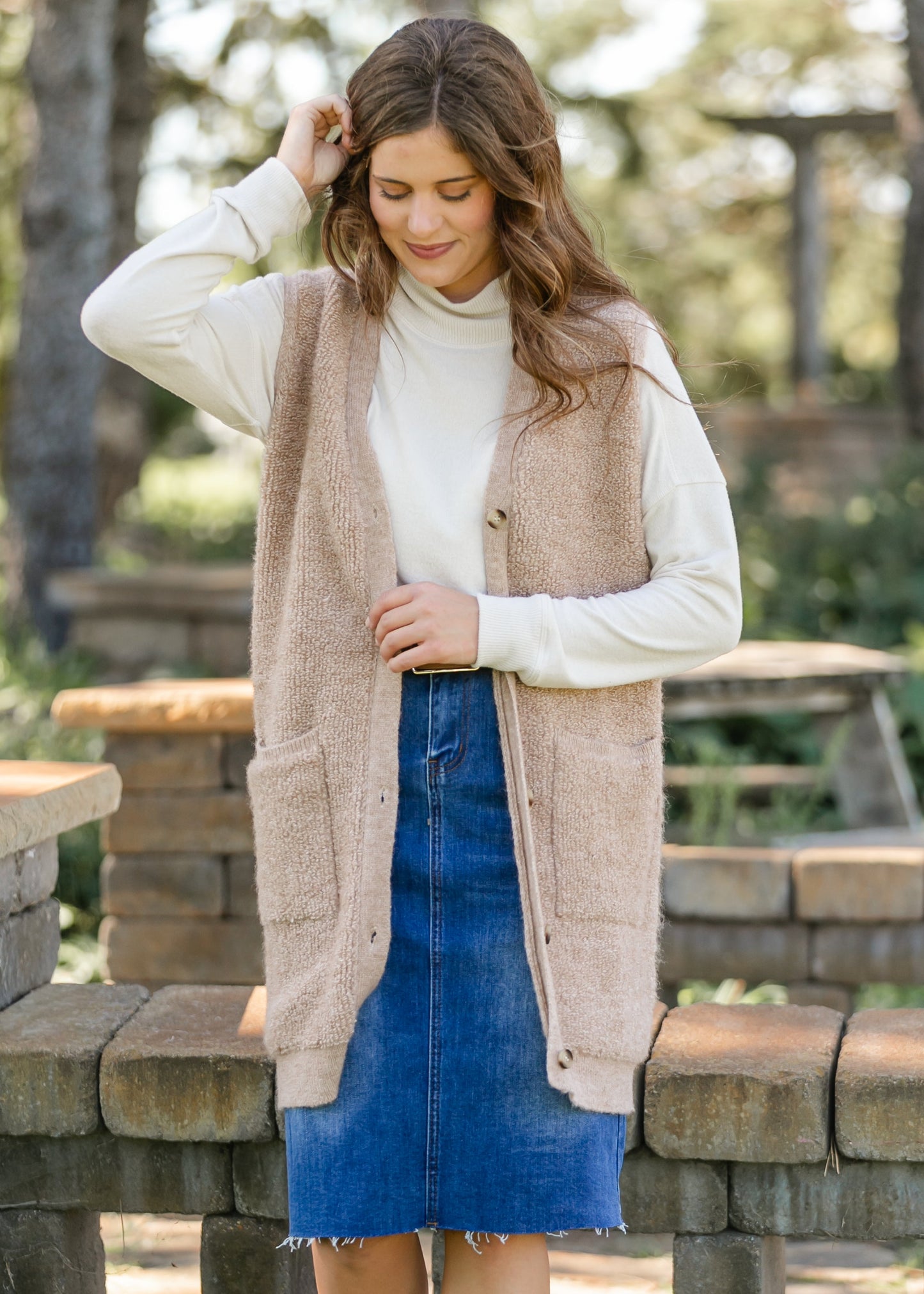 Button Up Teddy Knit Long Vest