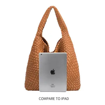 Camel Large Woven Vegan Leather Shoulder Bag