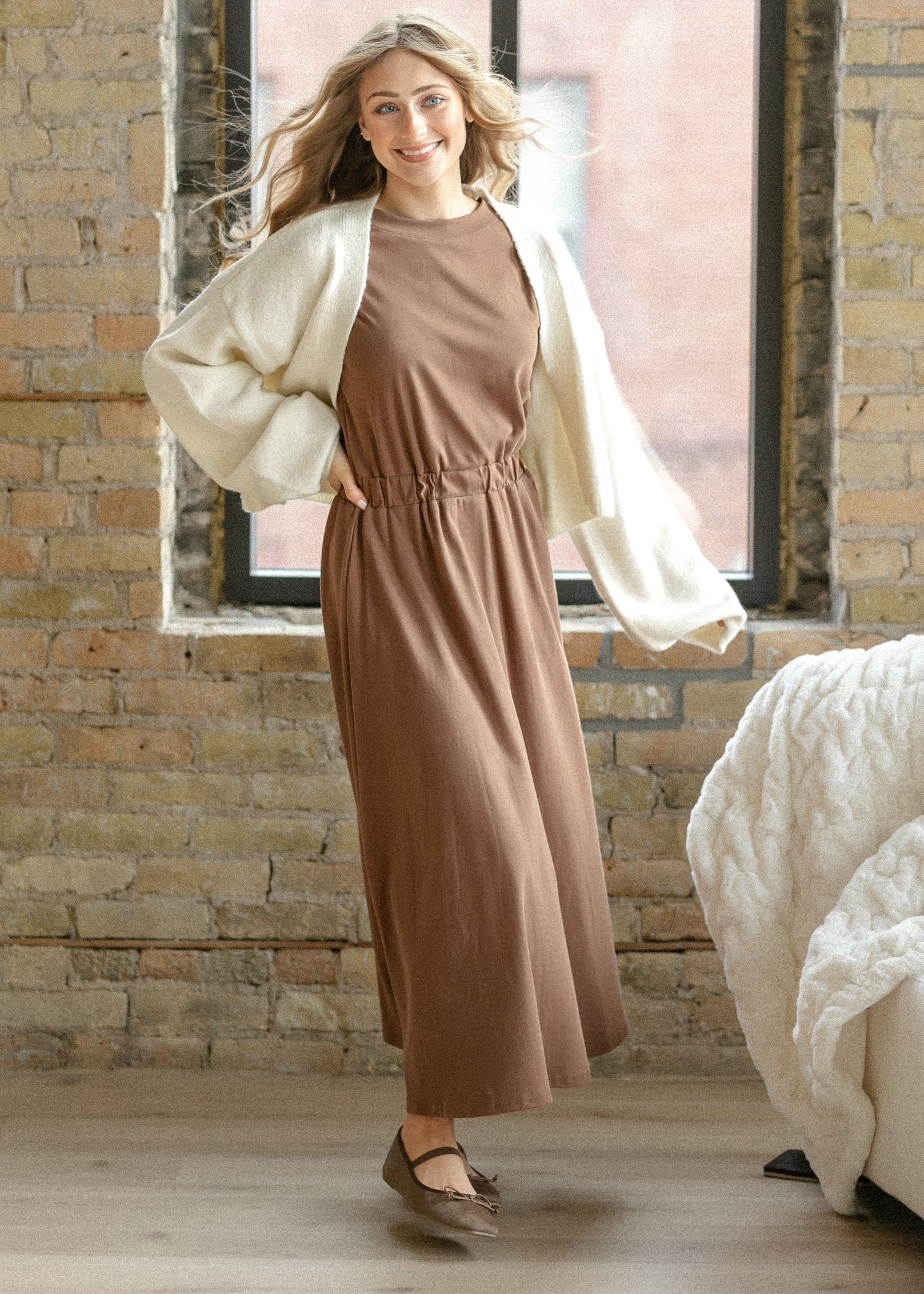 Casey Brown Cap Sleeve Midi Dress
