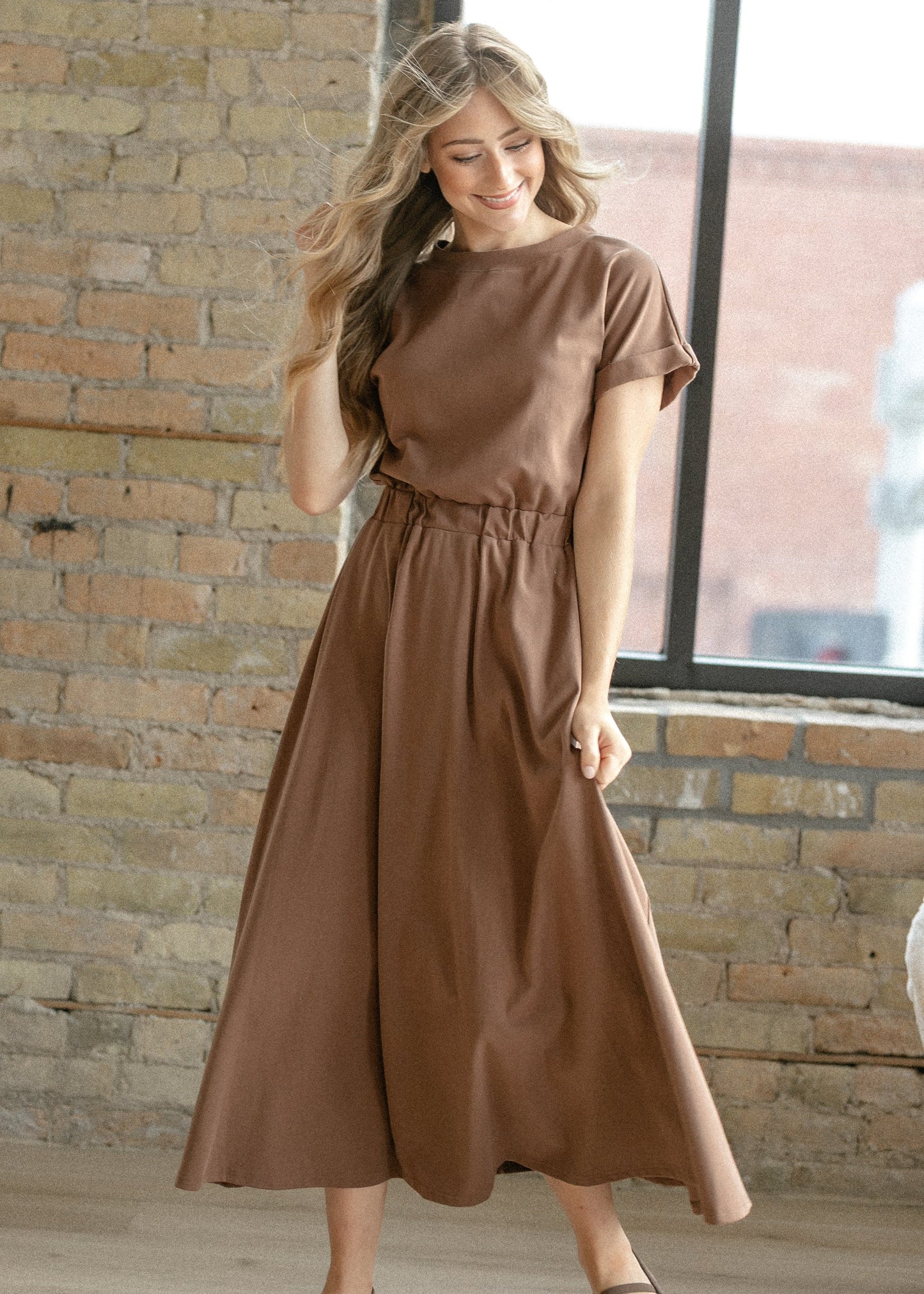 Casey Brown Cap Sleeve Midi Dress
