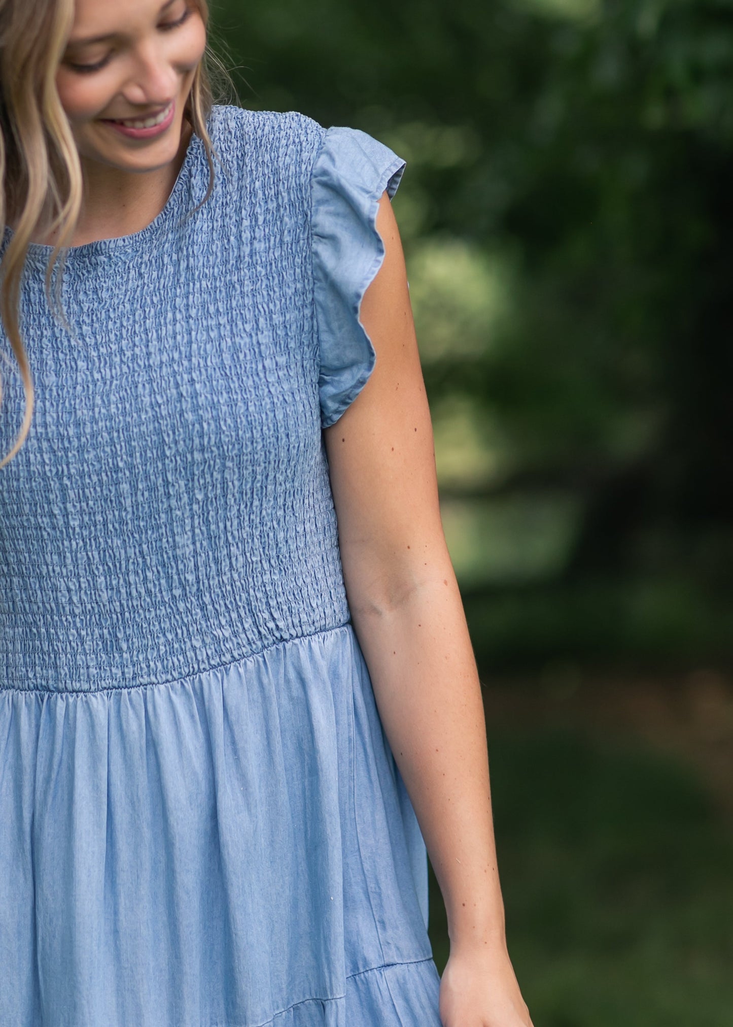 Chambray Smocked Tiered Midi Dress
