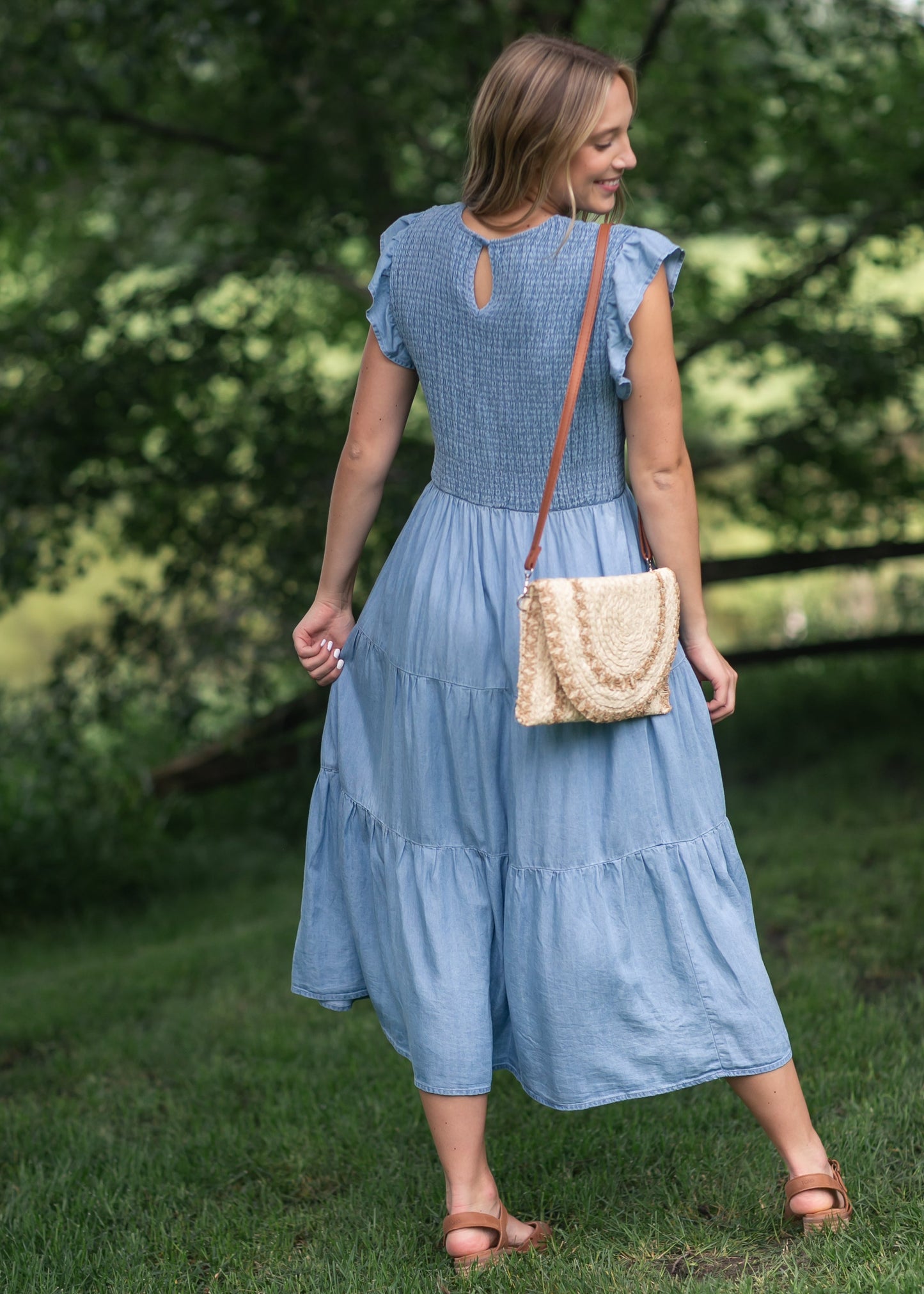 Chambray Smocked Tiered Midi Dress