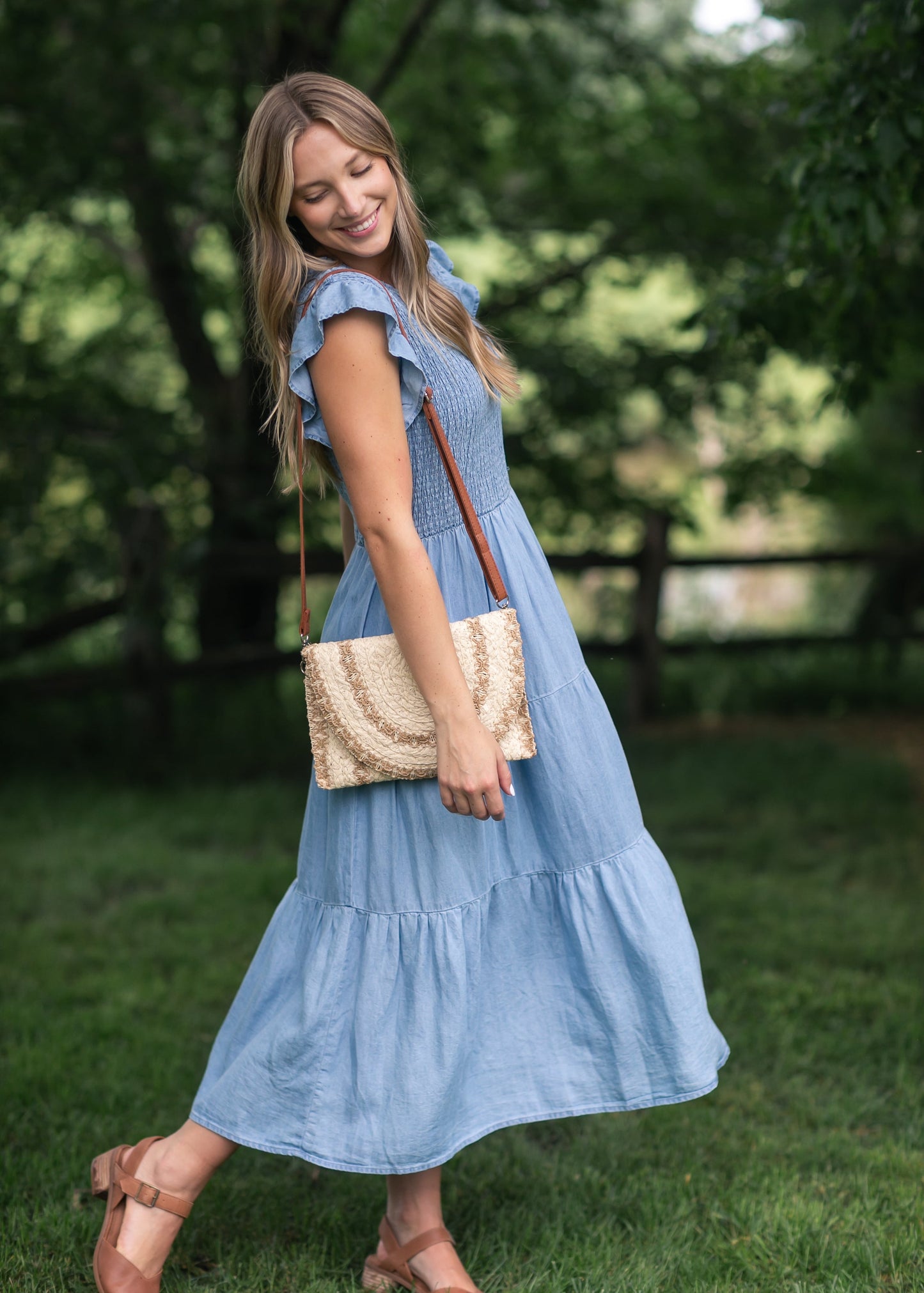 Chambray Smocked Tiered Midi Dress