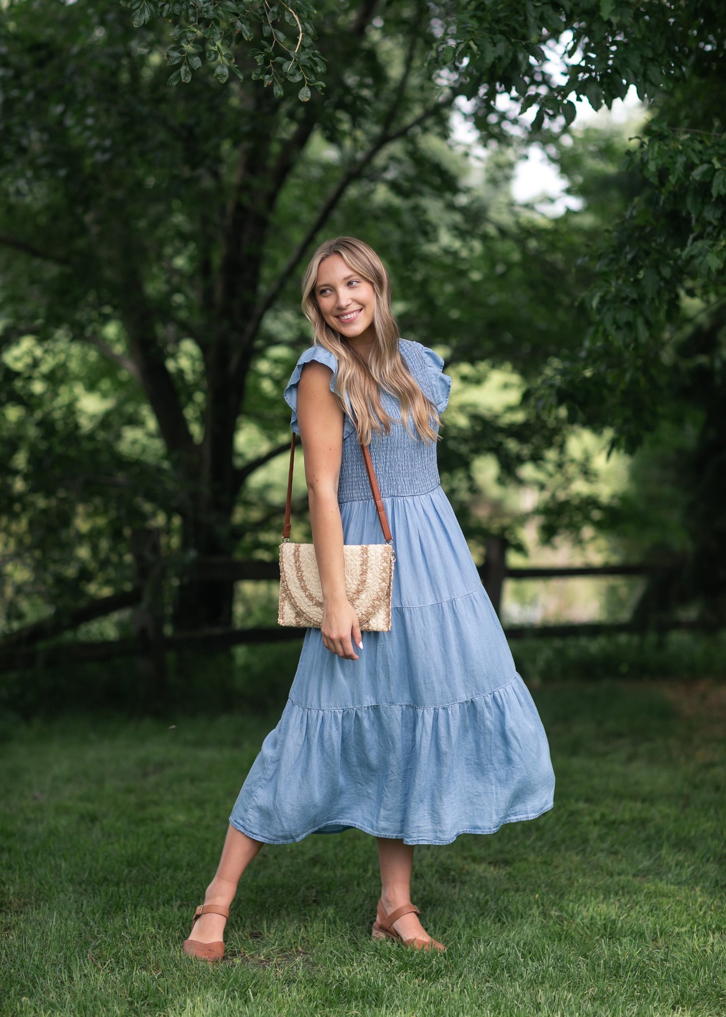 Chambray Smocked Tiered Midi Dress