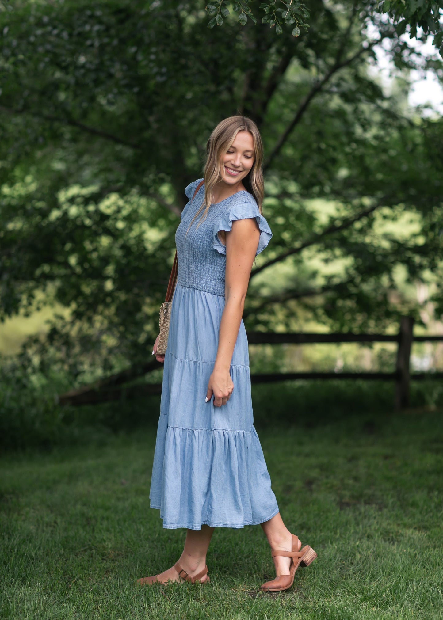 Chambray Smocked Tiered Midi Dress