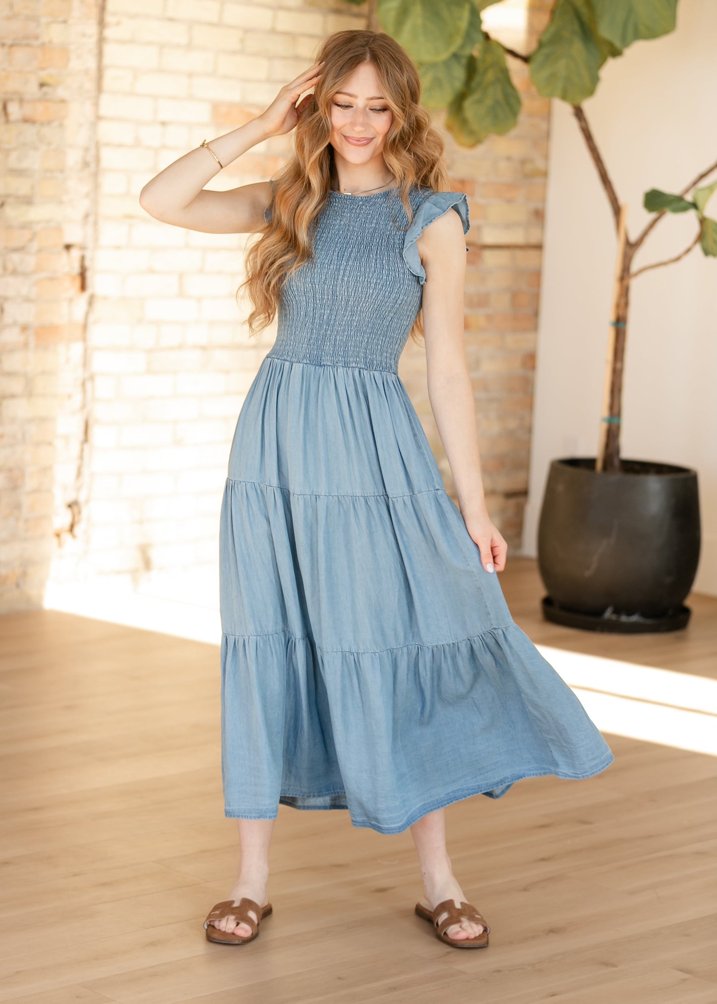 Chambray Smocked Tiered Midi Dress