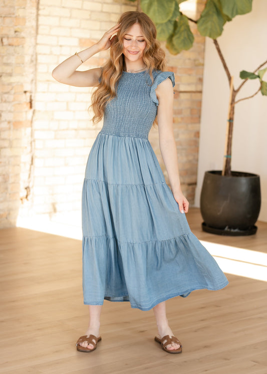 Chambray Smocked Tiered Midi Dress