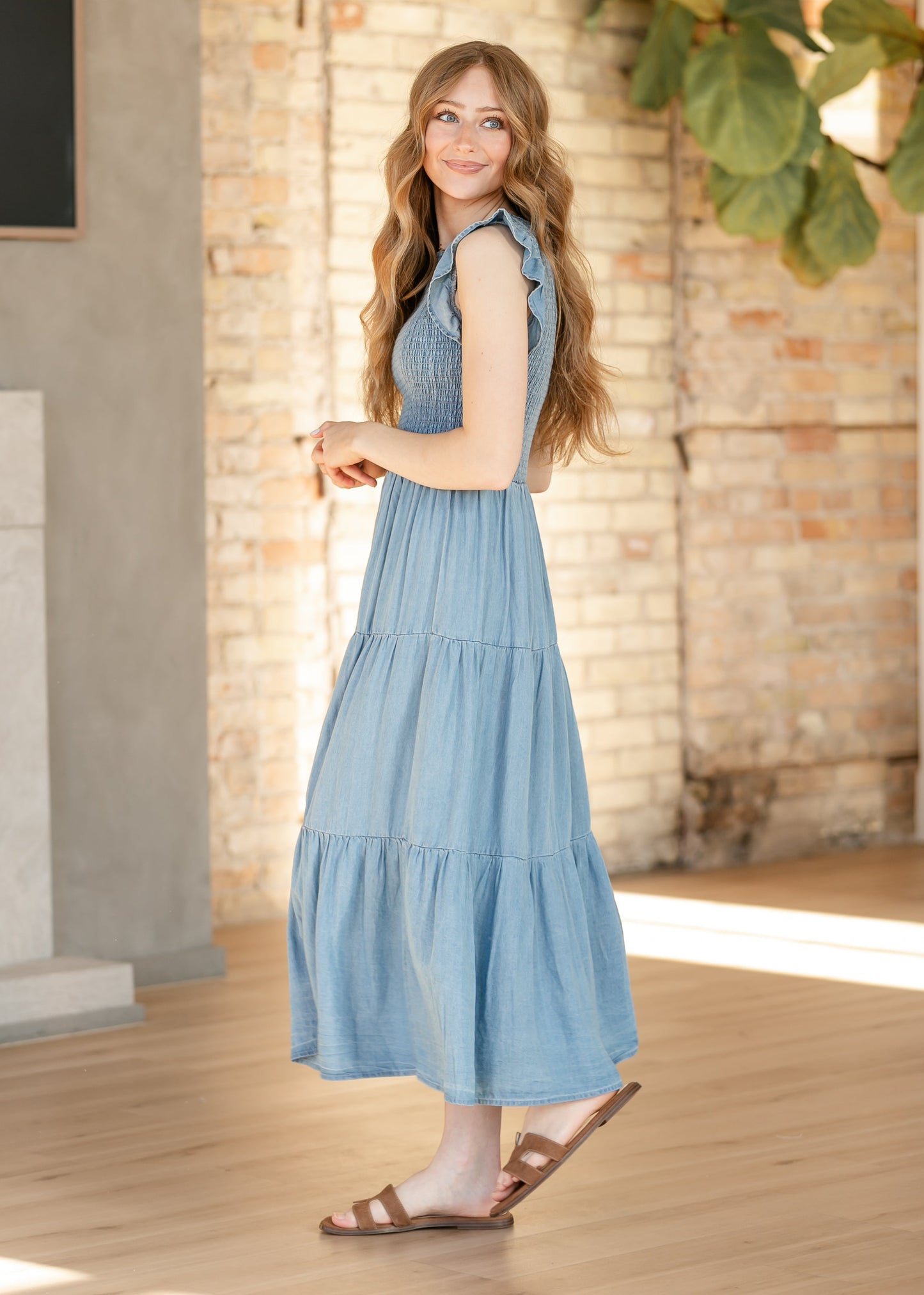 Chambray Smocked Tiered Midi Dress