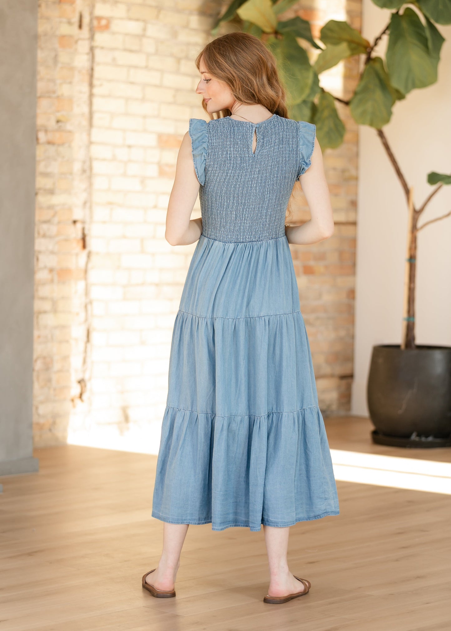 Chambray Smocked Tiered Midi Dress