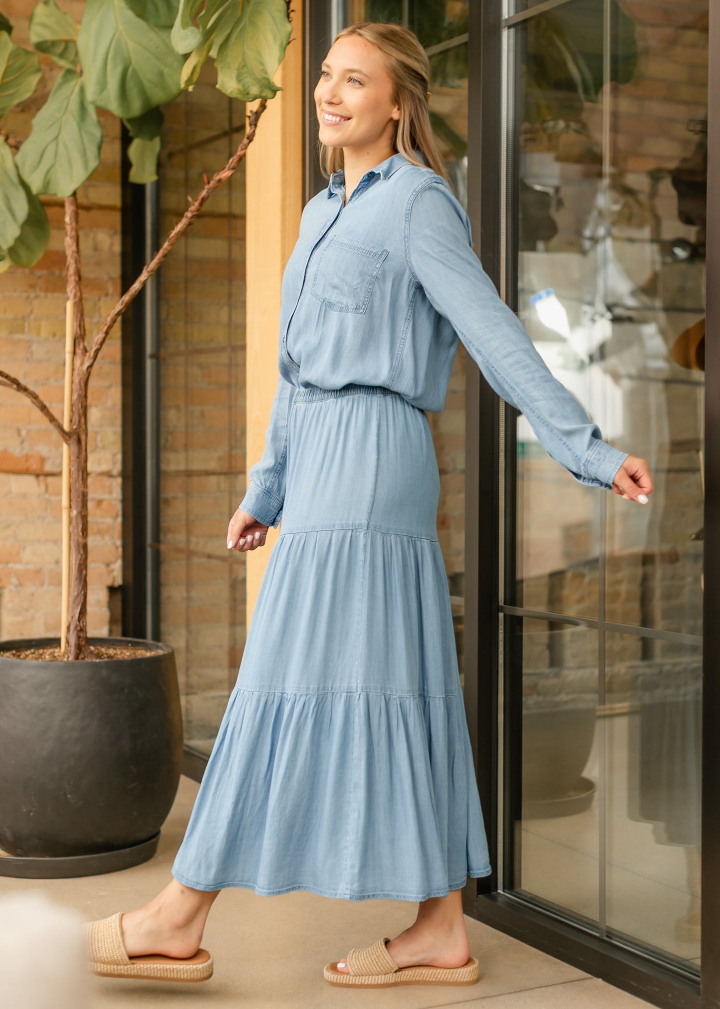Chambray Tiered Maxi Skirt