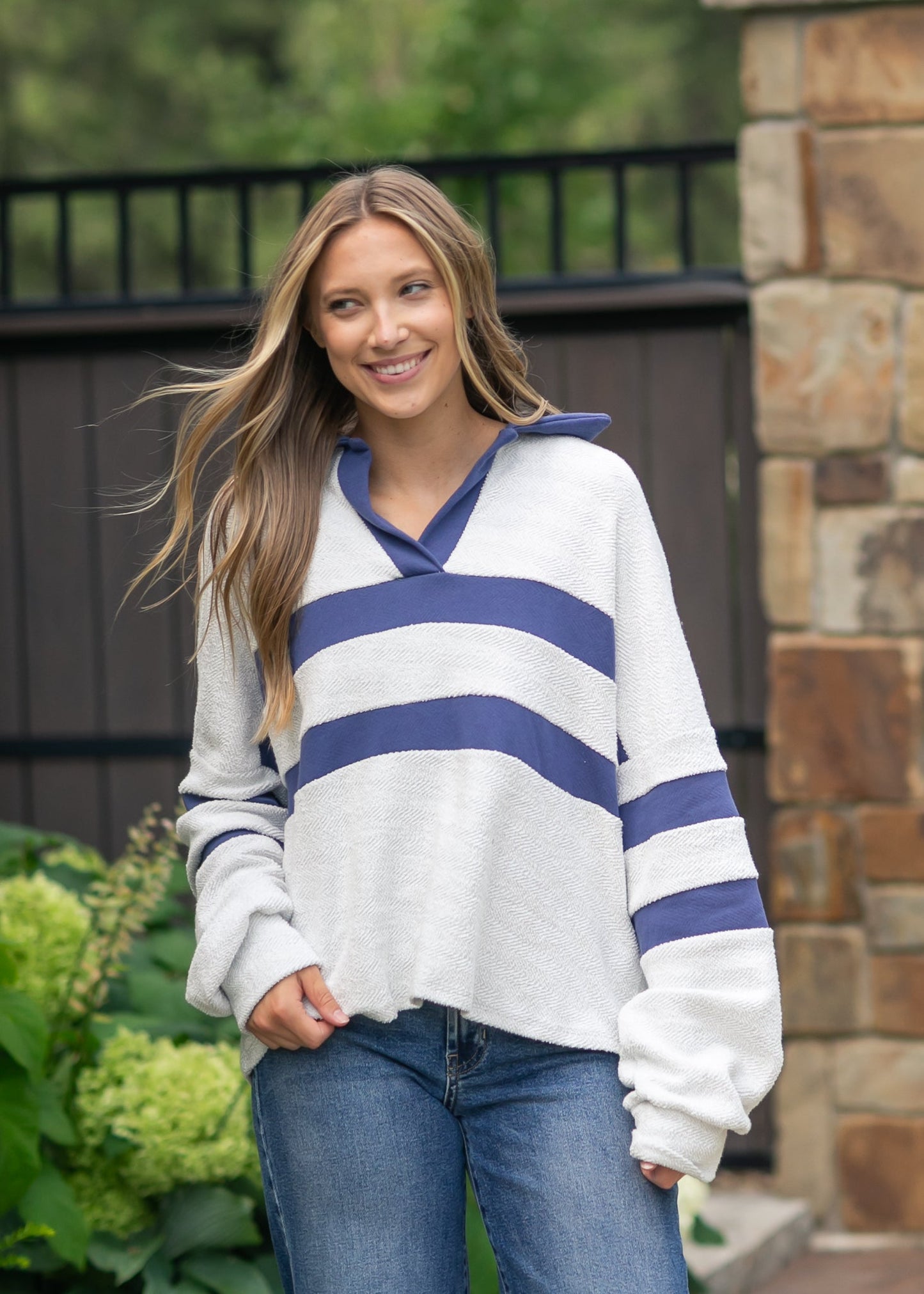 Collared Contrast Stripe Knit Top