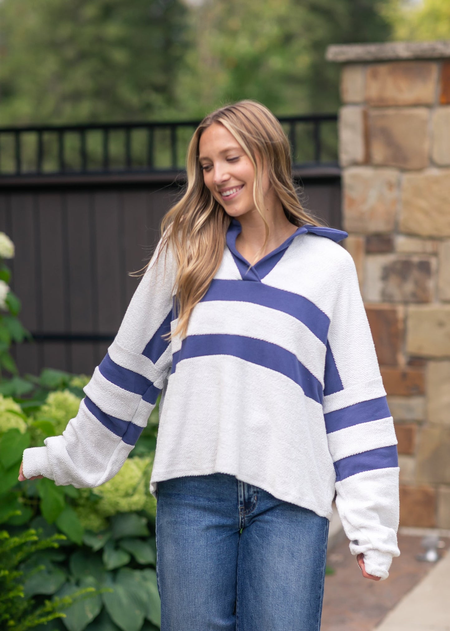 Collared Contrast Stripe Knit Top
