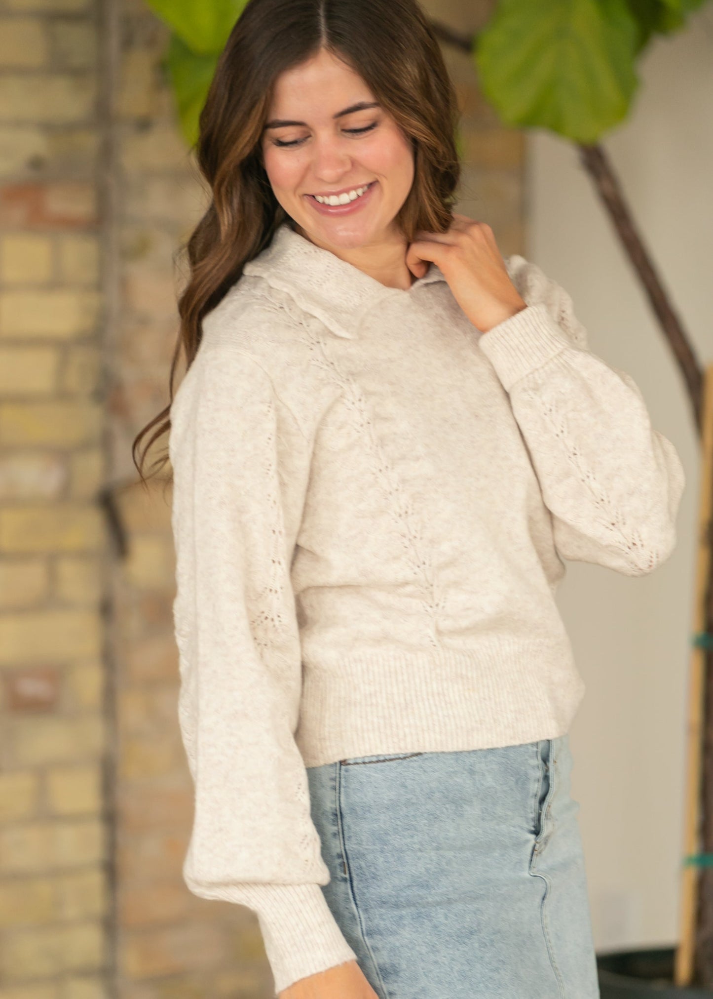 Collared Pointelle Knit Sweater