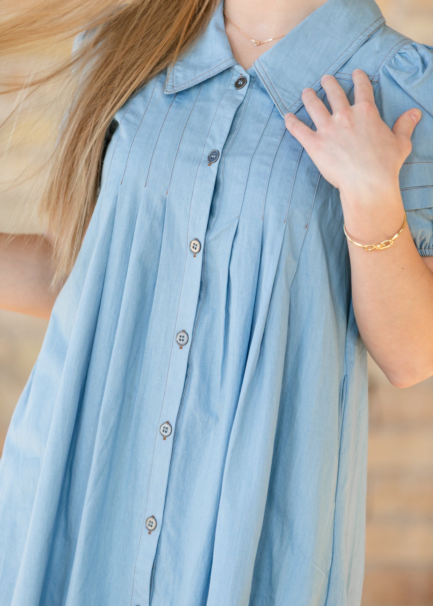 Collared Puff Sleeve Denim Midi Dress