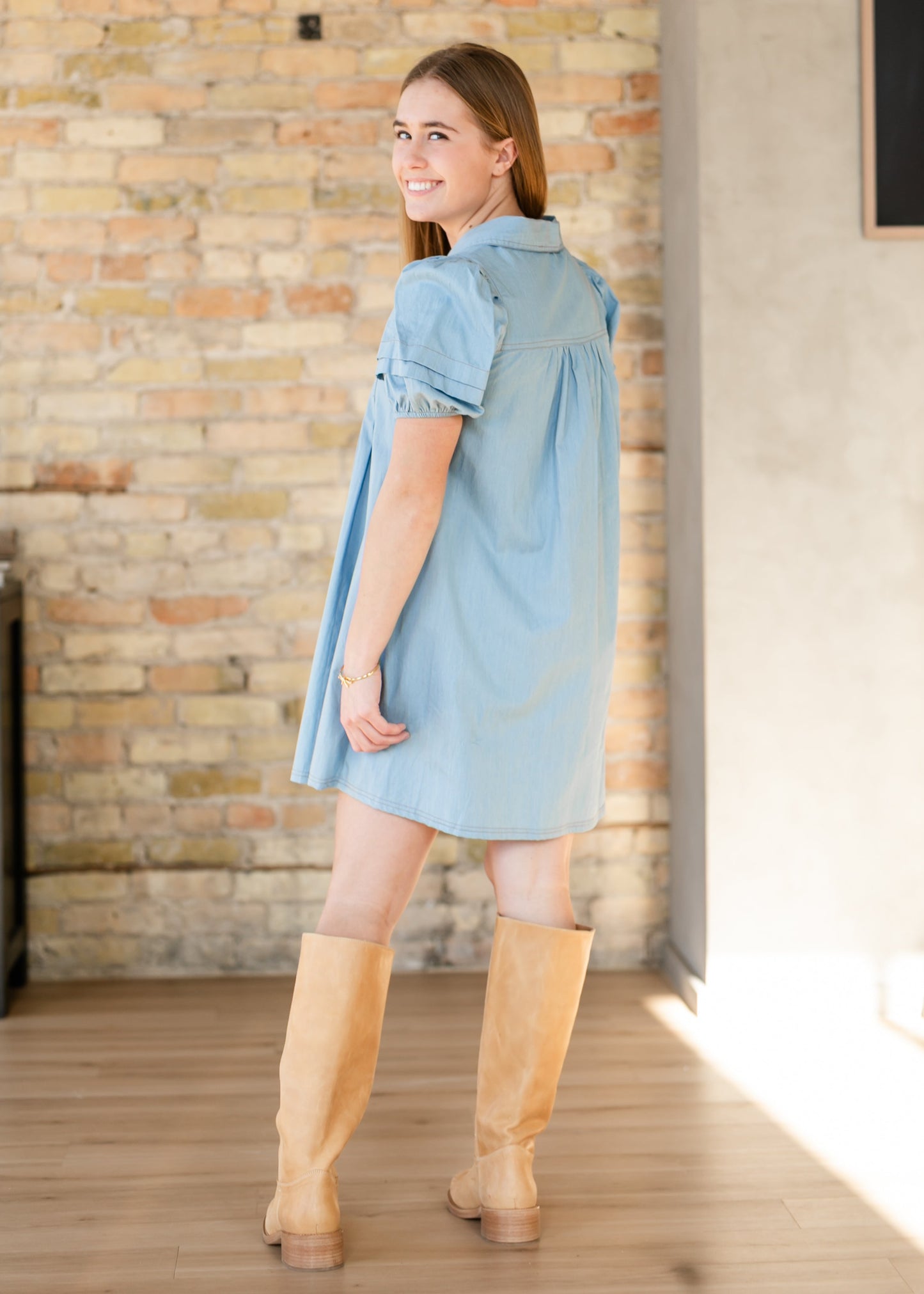 Collared Puff Sleeve Denim Midi Dress
