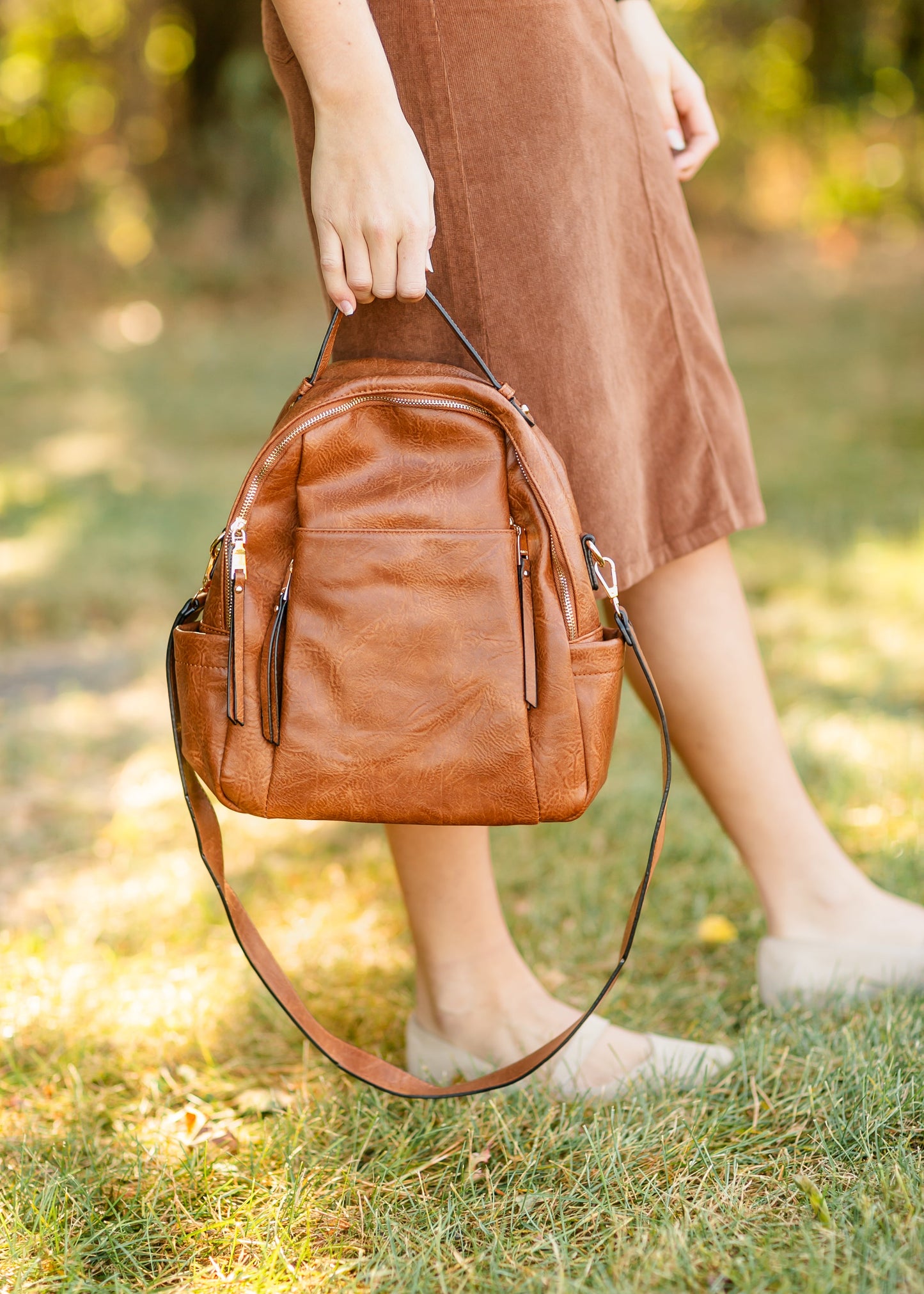 Convertible Faux Leather Long Strap Backpack