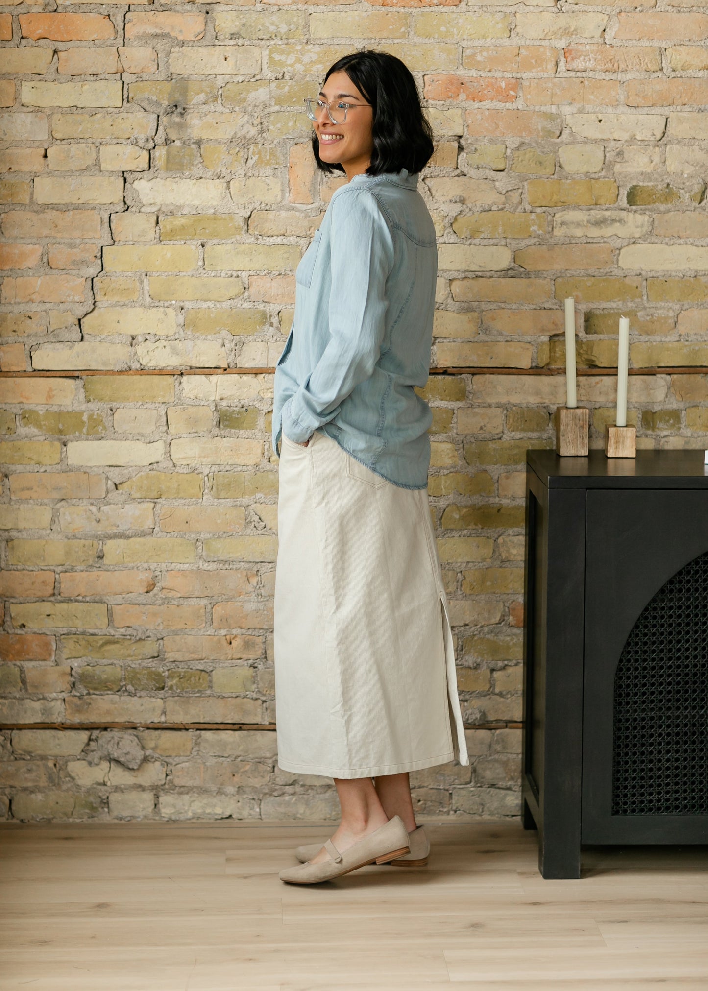 Corduroy Cream Back Slit Midi Skirt - FINAL SALE