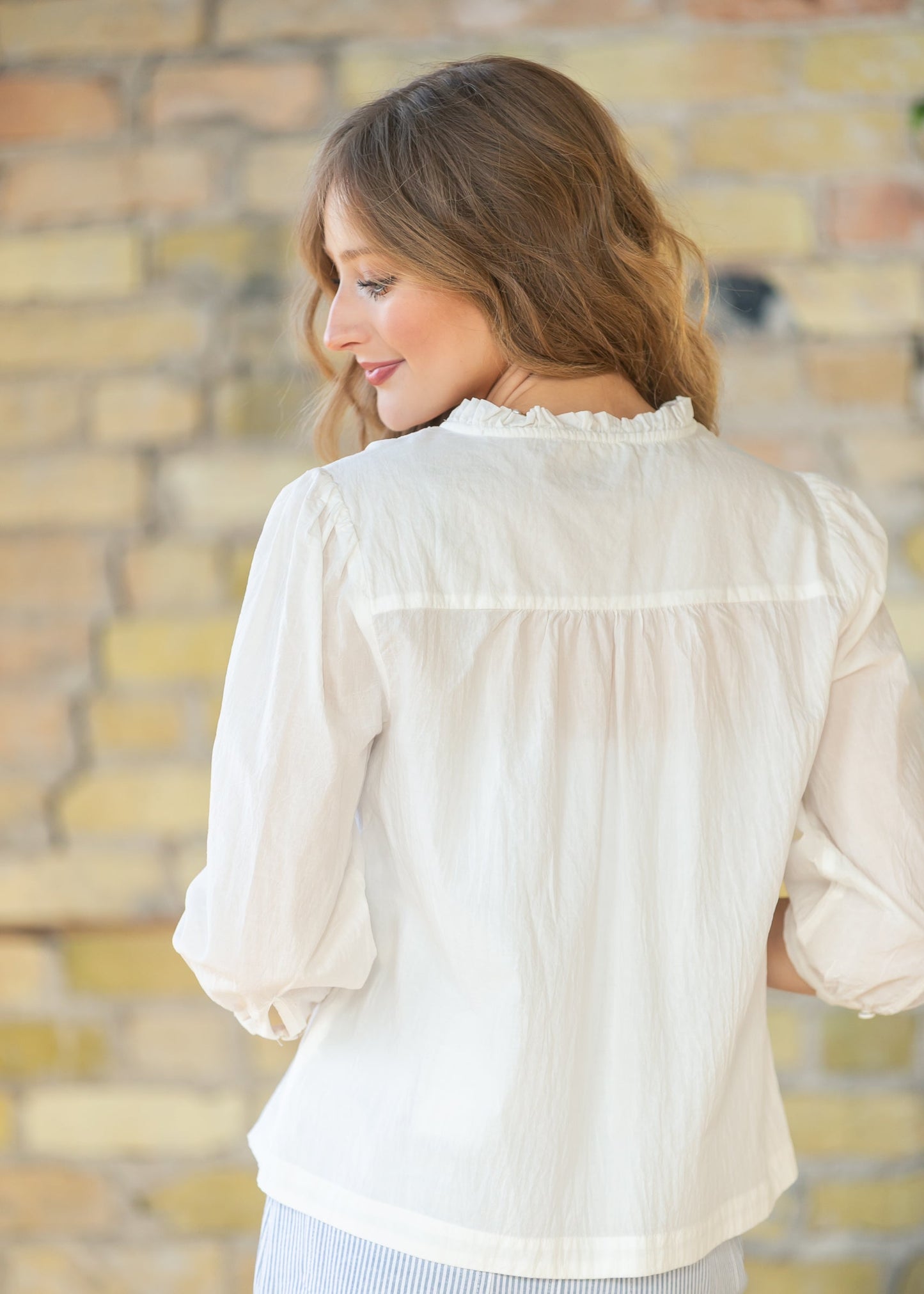 Cotton 3/4 Sleeve Ruffle Collar Top