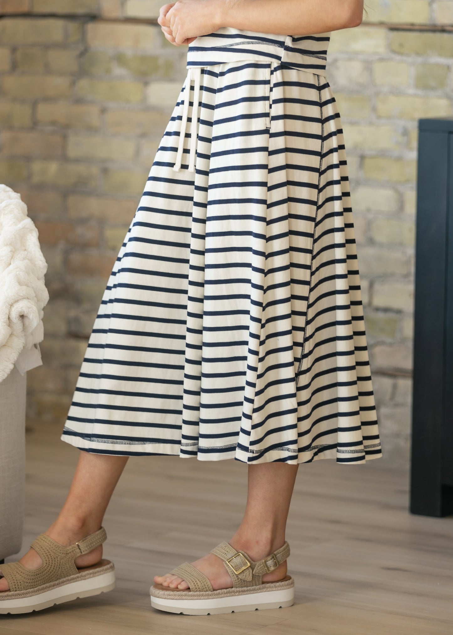 Cotton Knit Striped Midi Skirt
