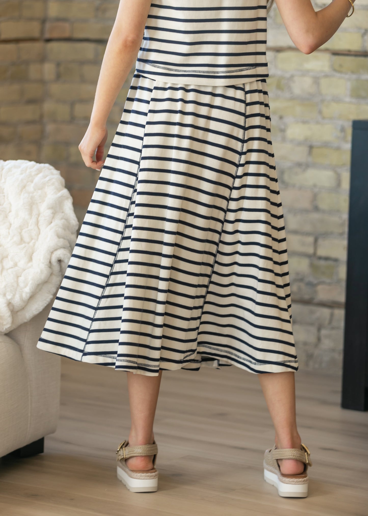 Cotton Knit Striped Midi Skirt