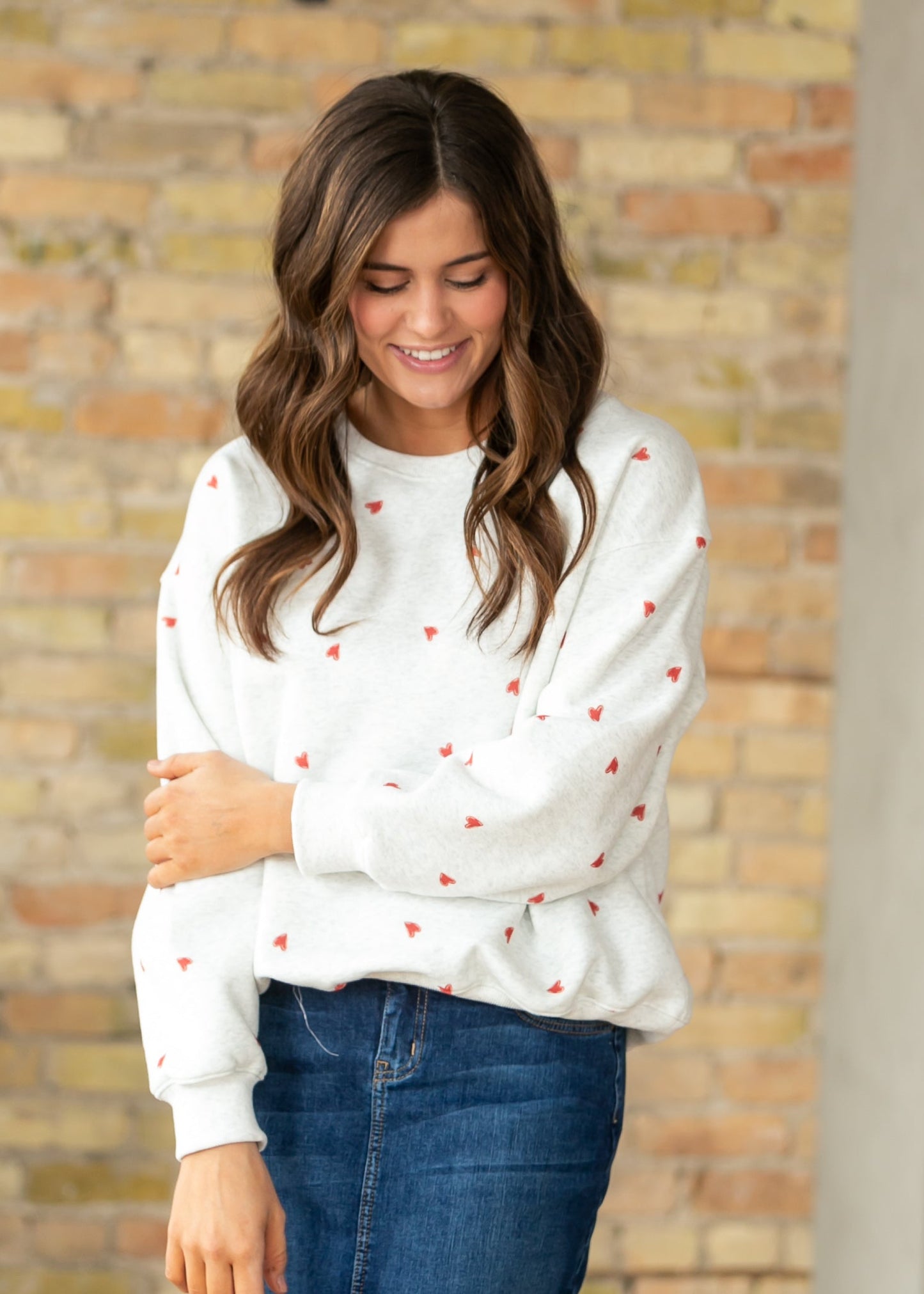 Crew Neck Heart Print Pullover