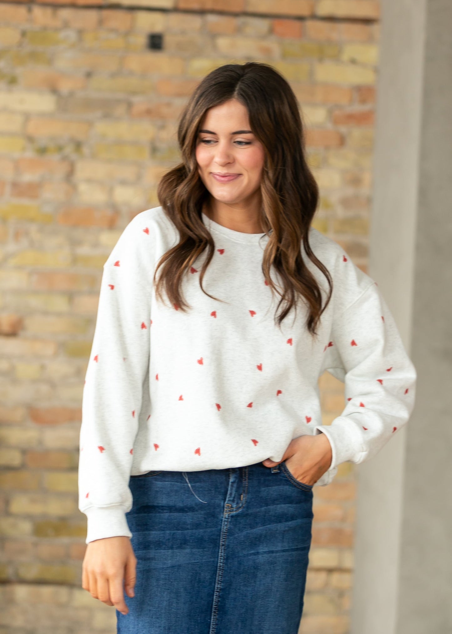 Crew Neck Heart Print Pullover