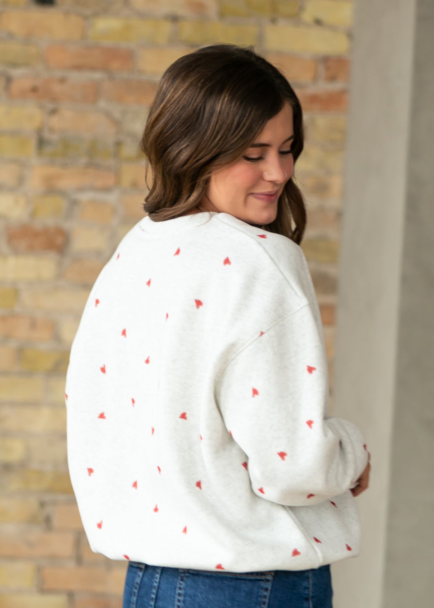 Crew Neck Heart Print Pullover