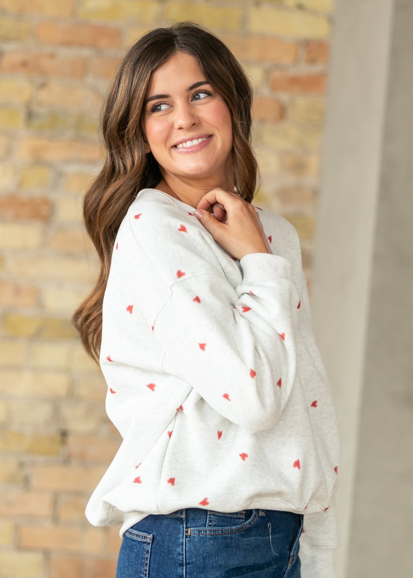 Crew Neck Heart Print Pullover