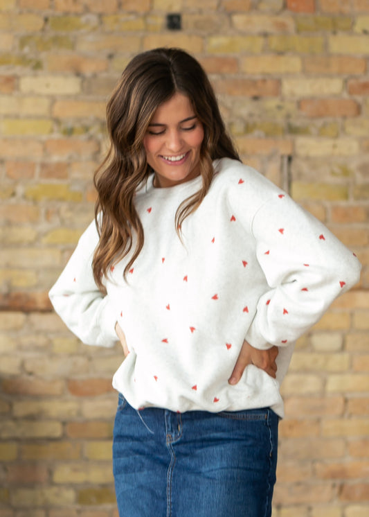 Crew Neck Heart Print Pullover